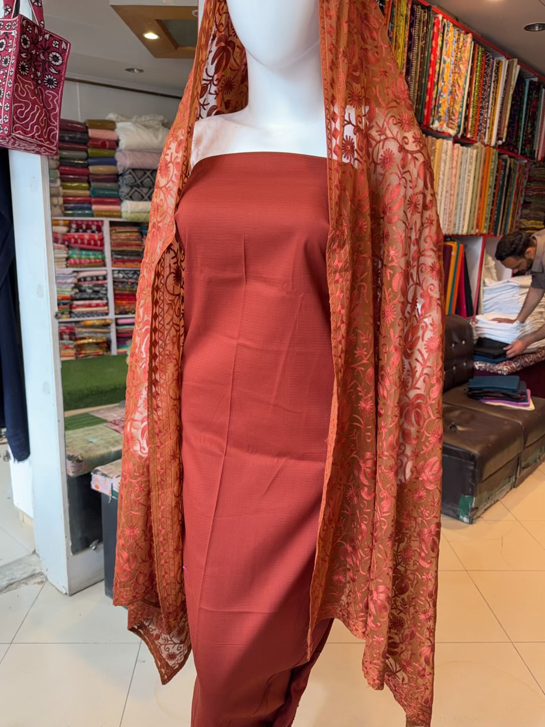 3 Piece Doria Lawn Suit With Chiffon Embroidered Dupatta | Rust