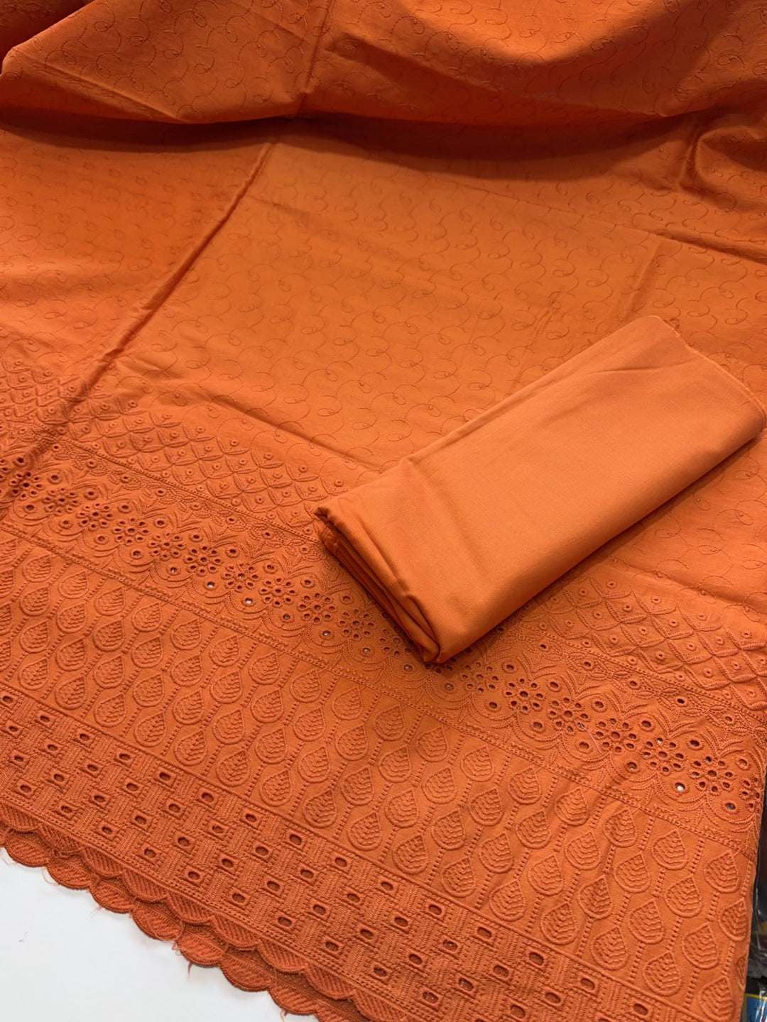 Chikankari Lawn 2 Piece Suit Daman Bore Long Length Suit | Rust