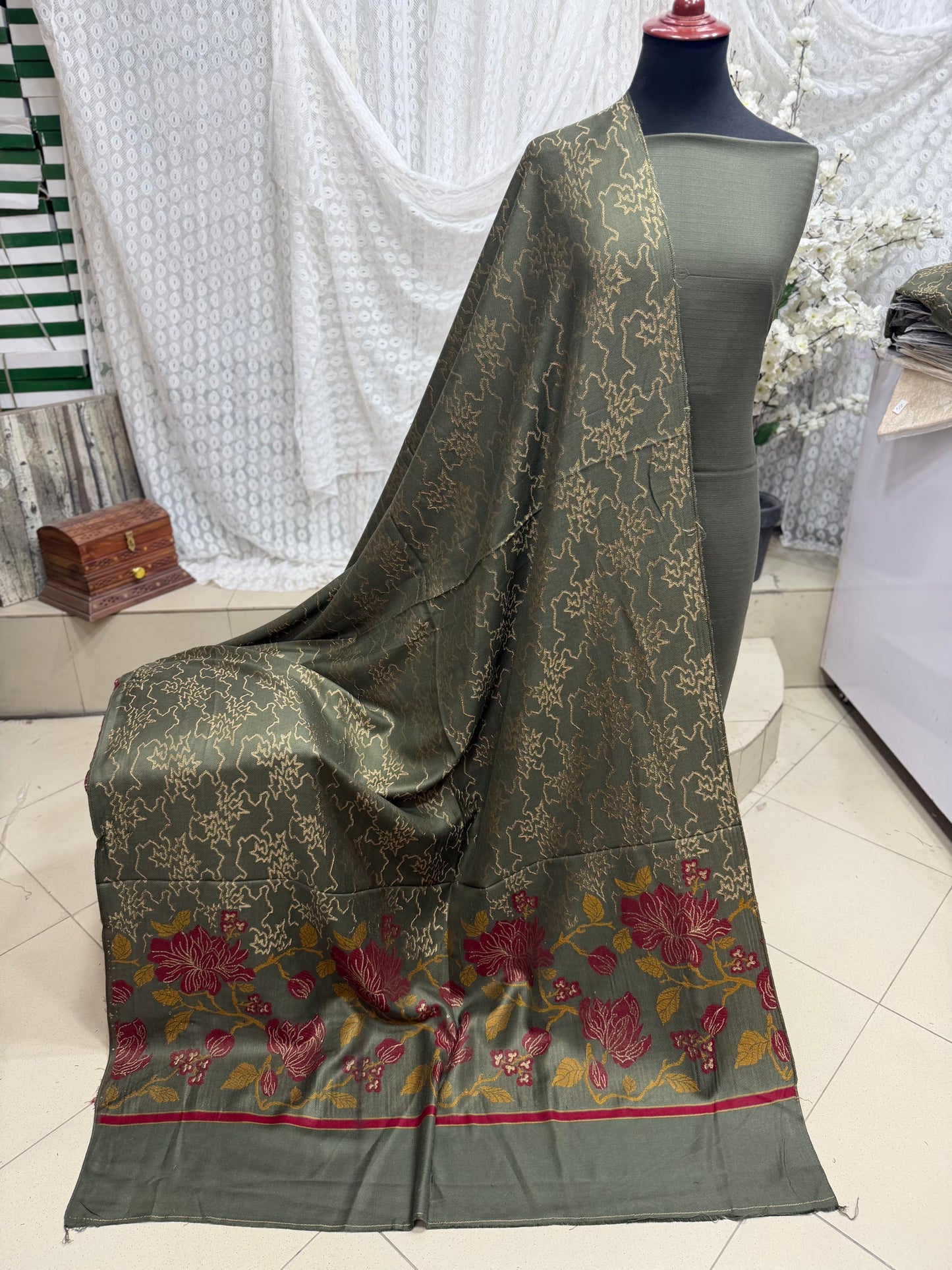 Marina 3 Piece Allover Suit With Jackard Banarsi Wool Shawl | Olive Green