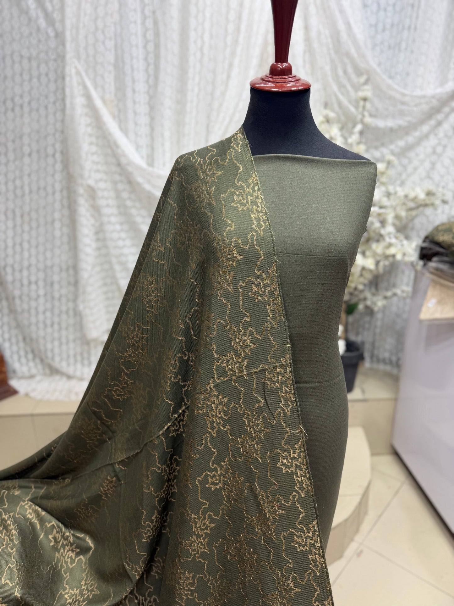 Marina 3 Piece Allover Suit With Jackard Banarsi Wool Shawl | Olive Green