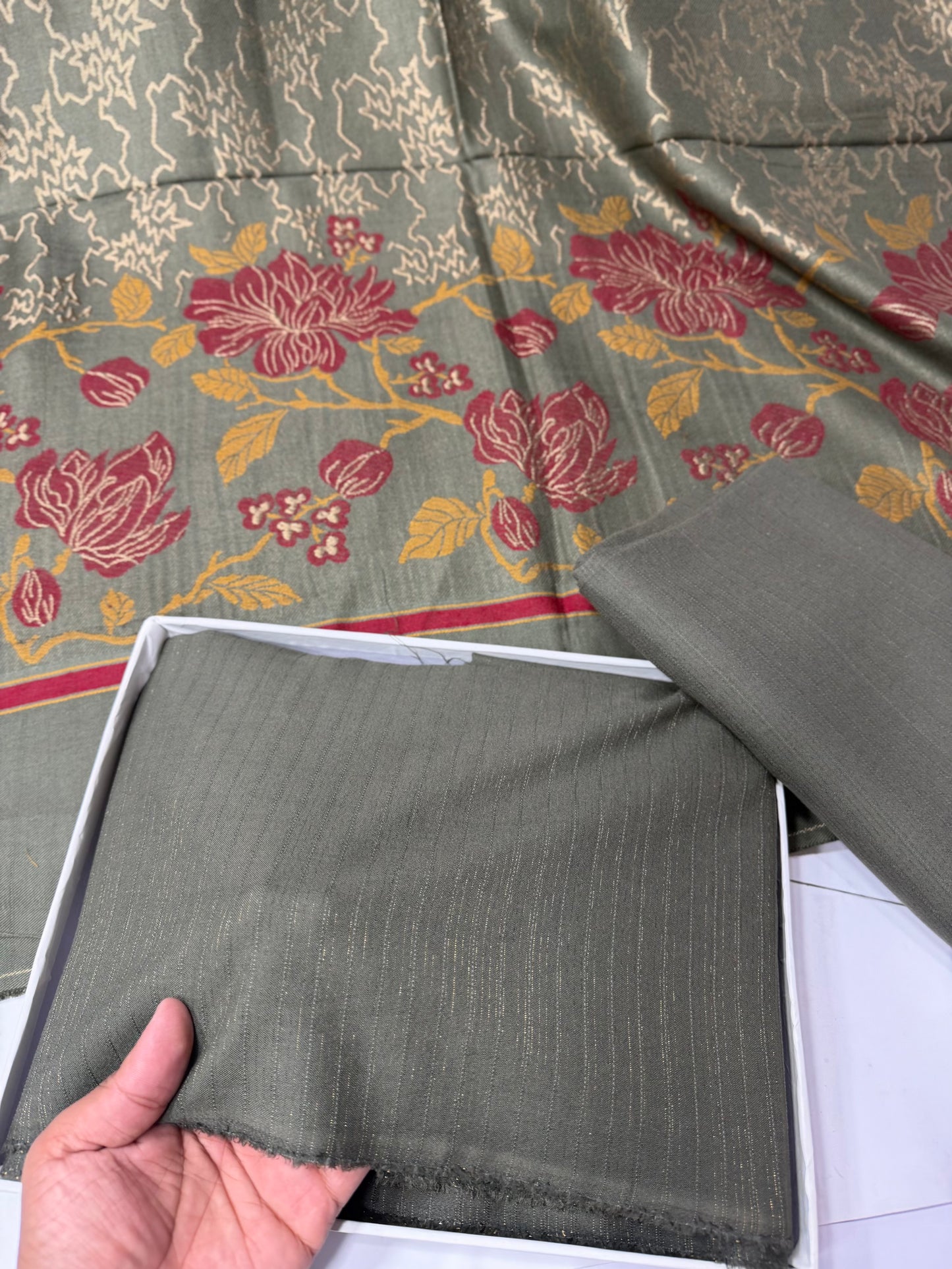 Marina 3 Piece Allover Suit With Jackard Banarsi Wool Shawl | Olive Green