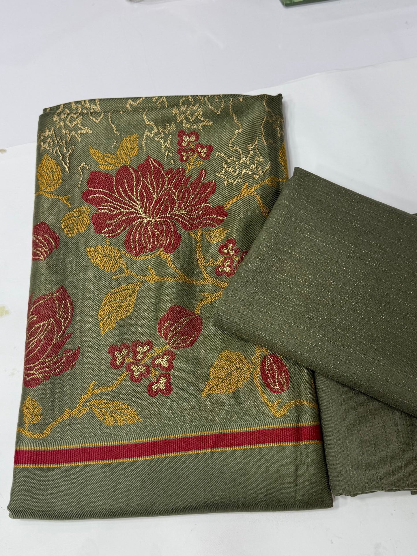 Marina 3 Piece Allover Suit With Jackard Banarsi Wool Shawl | Olive Green