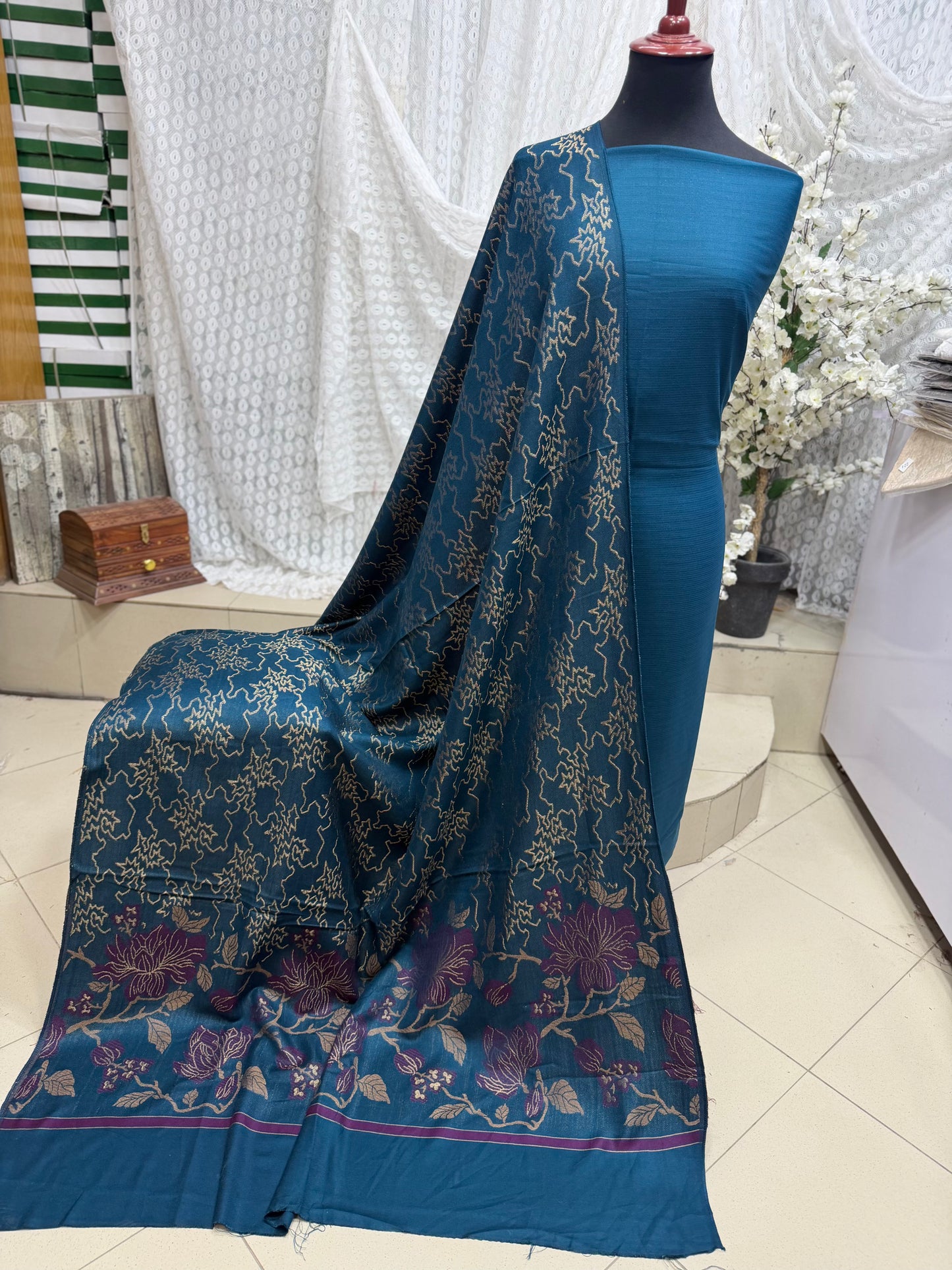 Marina 3 Piece Allover Suit With Jackard Banarsi Wool Shawl | Zinc