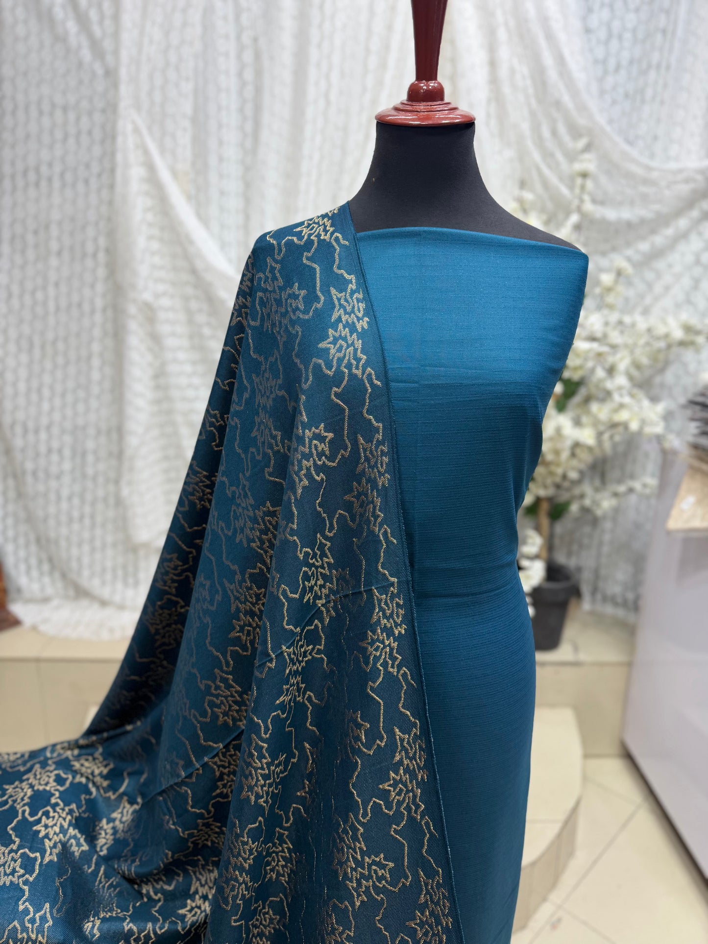 Marina 3 Piece Allover Suit With Jackard Banarsi Wool Shawl | Zinc