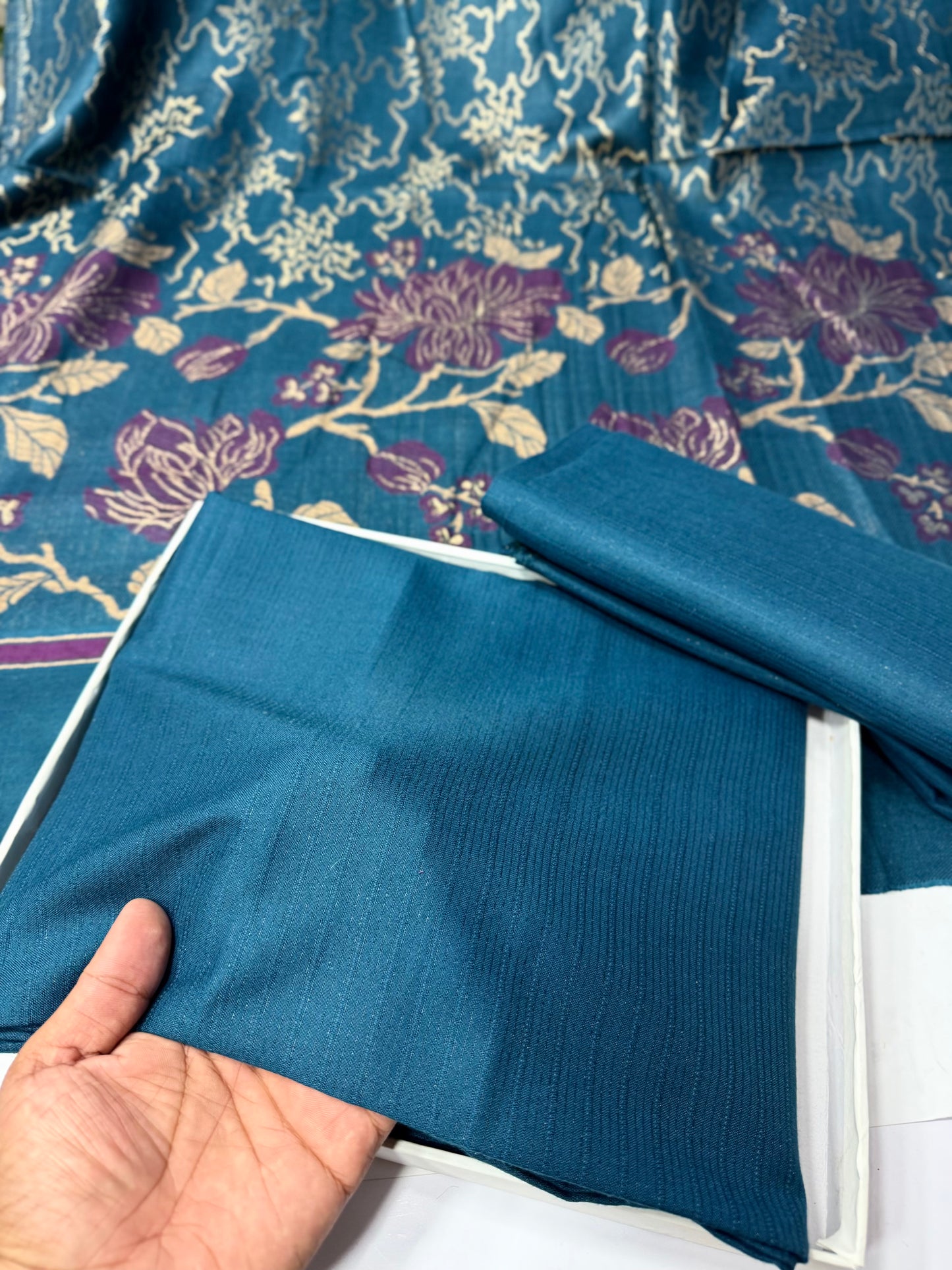 Marina 3 Piece Allover Suit With Jackard Banarsi Wool Shawl | Zinc