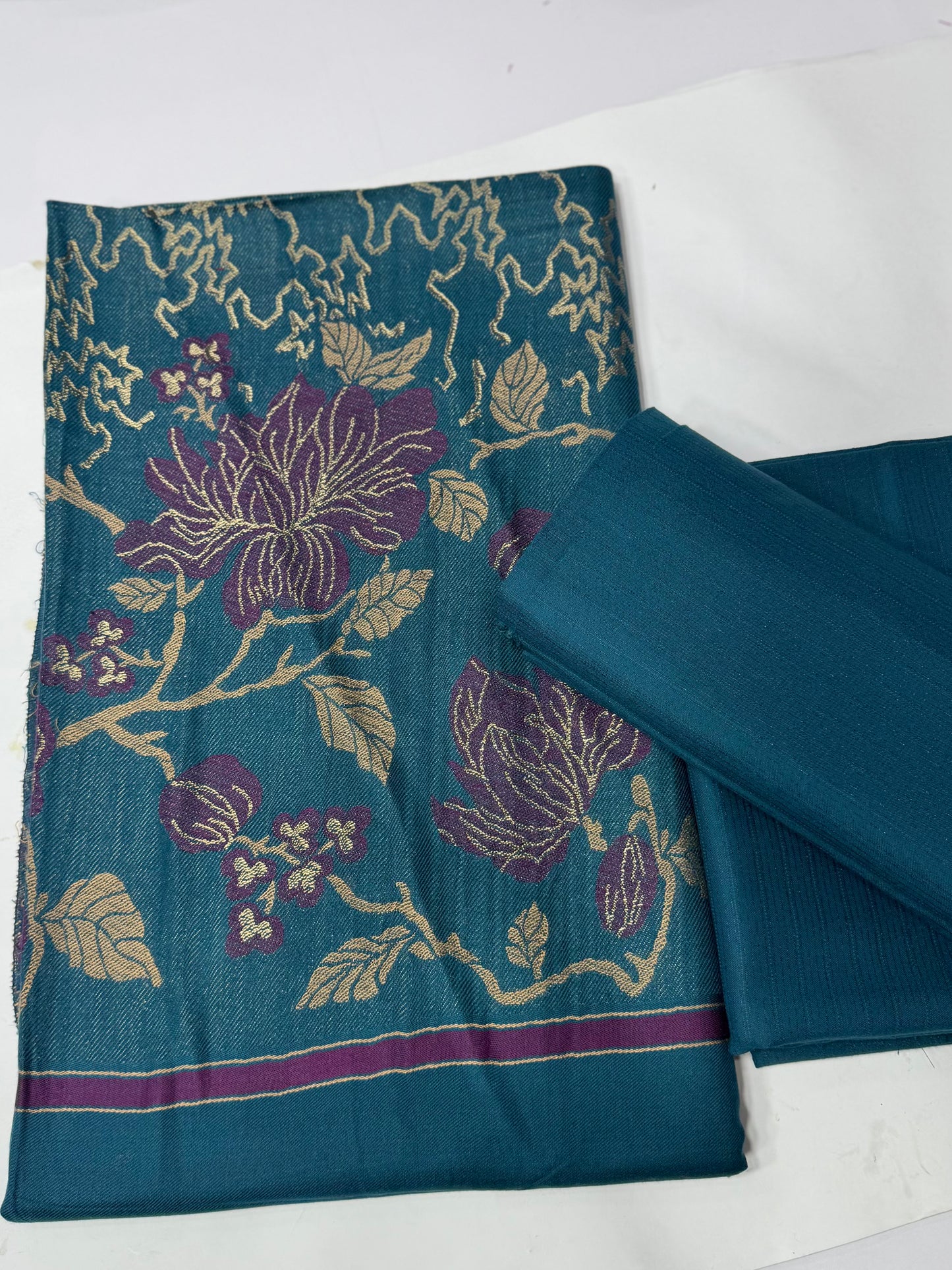Marina 3 Piece Allover Suit With Jackard Banarsi Wool Shawl | Zinc