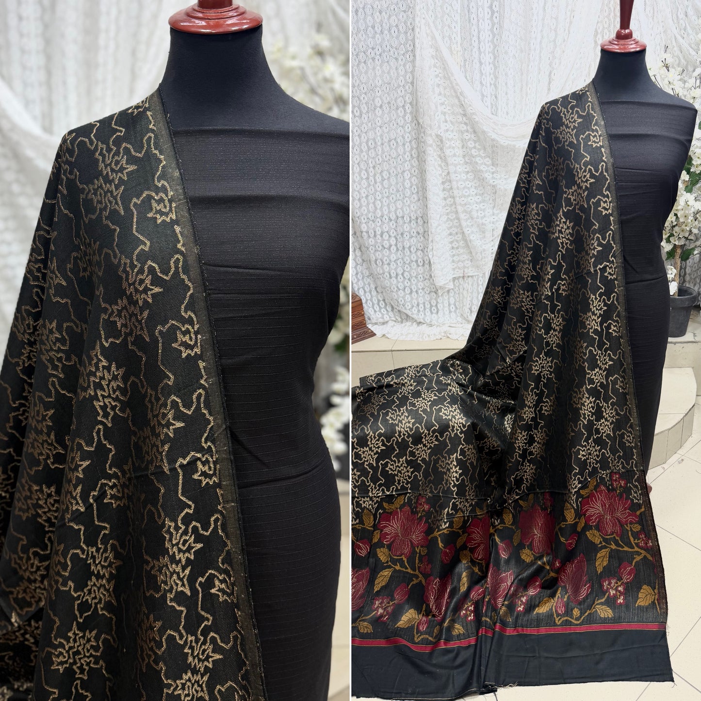 Marina 3 Piece Allover Suit With Jackard Banarsi Wool Shawl | Black