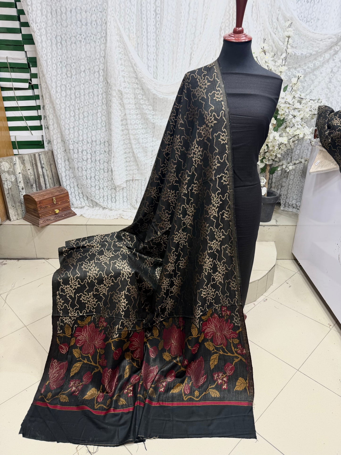 Marina 3 Piece Allover Suit With Jackard Banarsi Wool Shawl | Black
