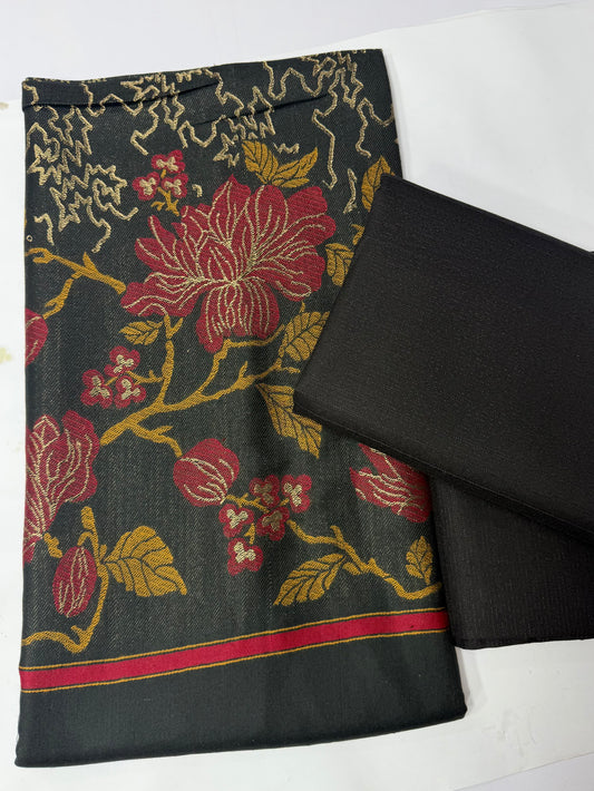 Marina 3 Piece Allover Suit With Jackard Banarsi Wool Shawl | Black