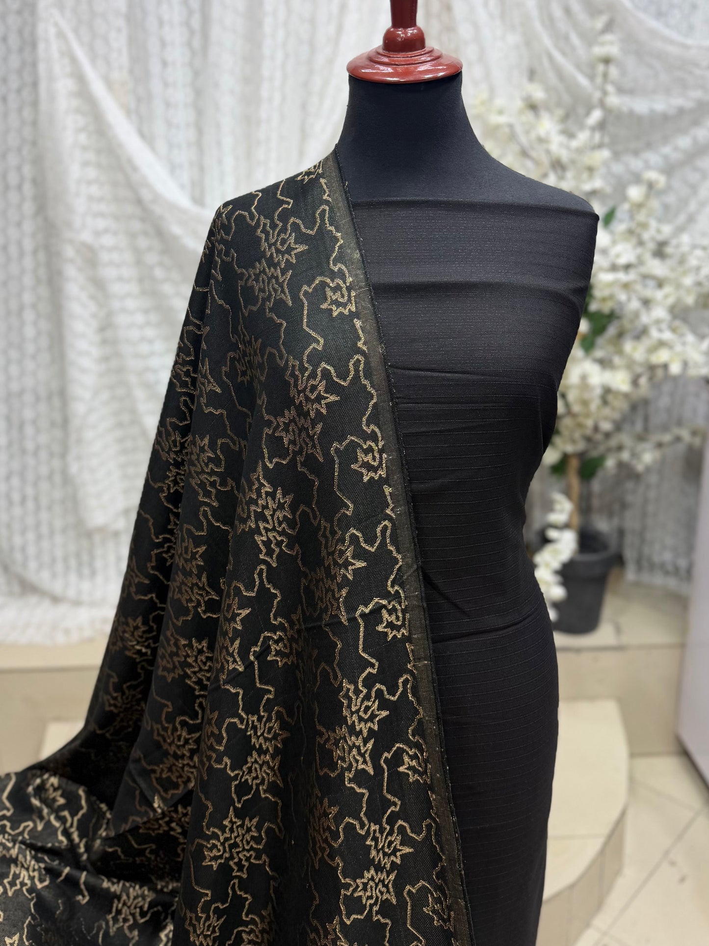 Marina 3 Piece Allover Suit With Jackard Banarsi Wool Shawl | Black