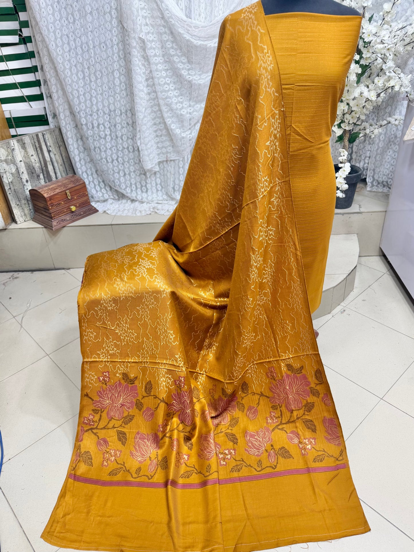 Marina 3 Piece Allover Suit With Jackard Banarsi Wool Shawl | Mustard