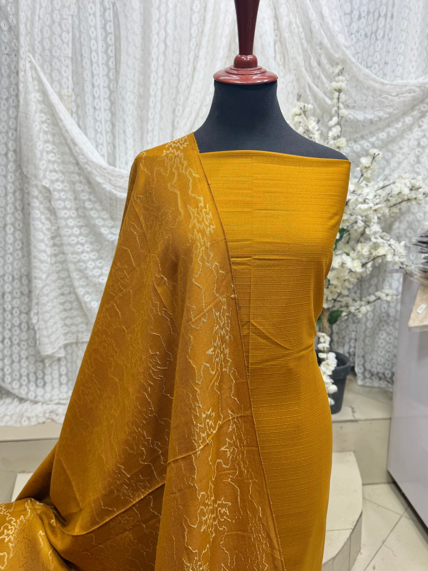 Marina 3 Piece Allover Suit With Jackard Banarsi Wool Shawl | Mustard