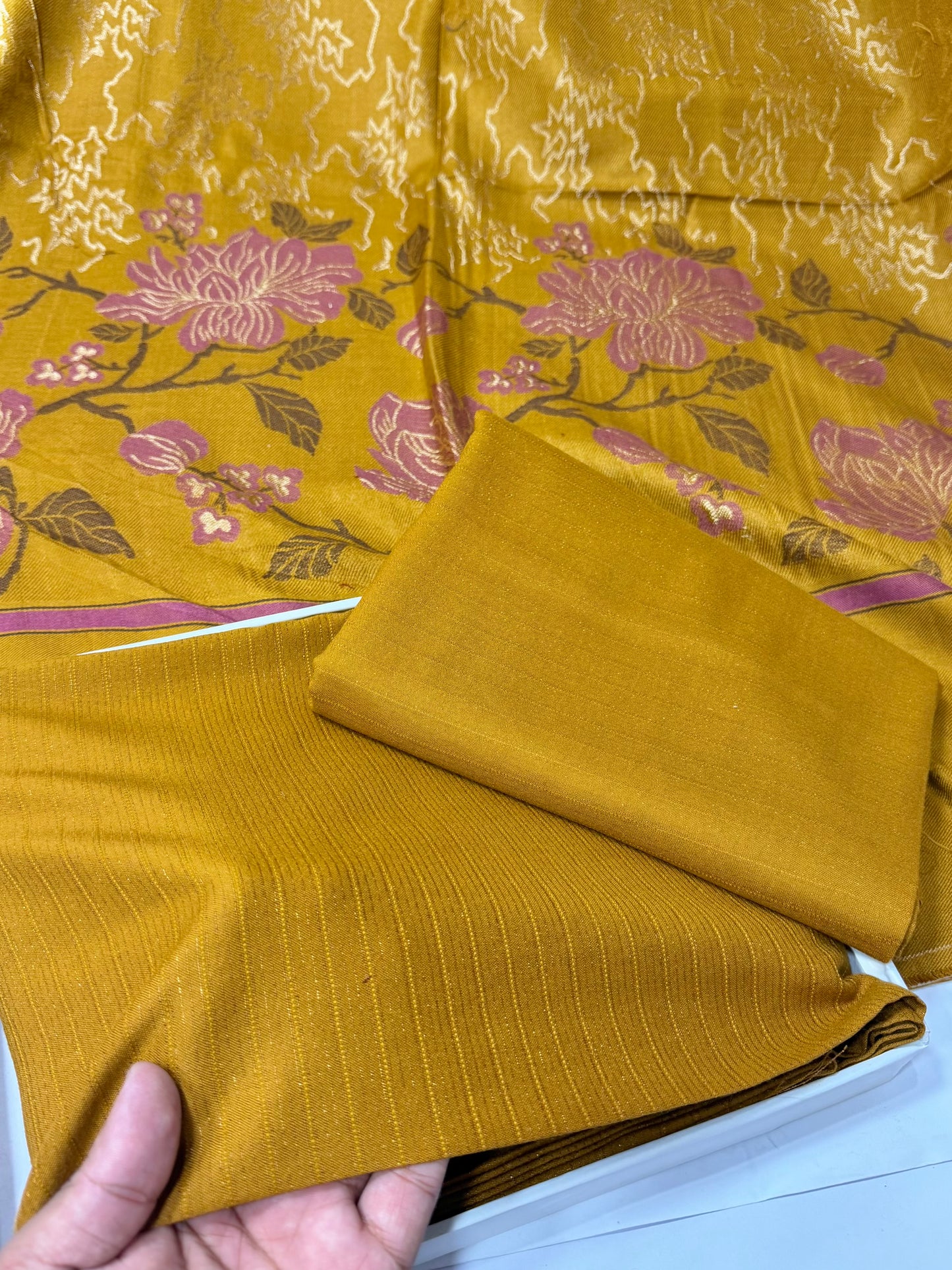Marina 3 Piece Allover Suit With Jackard Banarsi Wool Shawl | Mustard