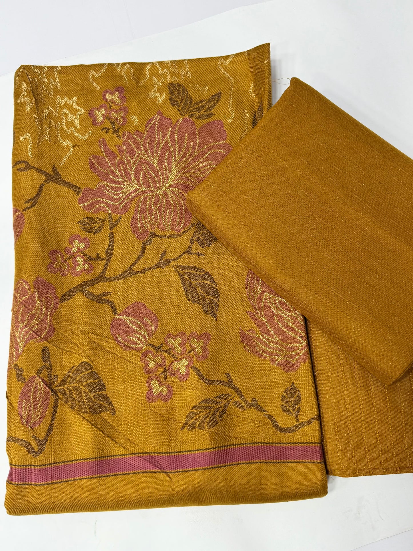 Marina 3 Piece Allover Suit With Jackard Banarsi Wool Shawl | Mustard