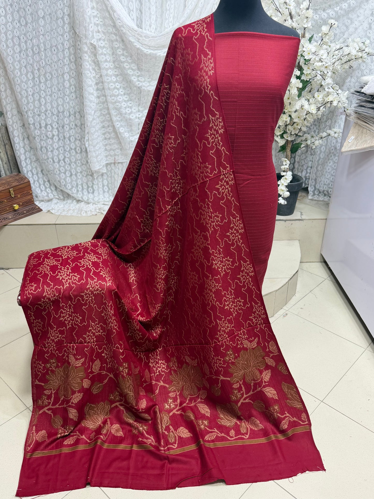 Marina 3 Piece Allover Suit With Jackard Banarsi Wool Shawl | Maroon