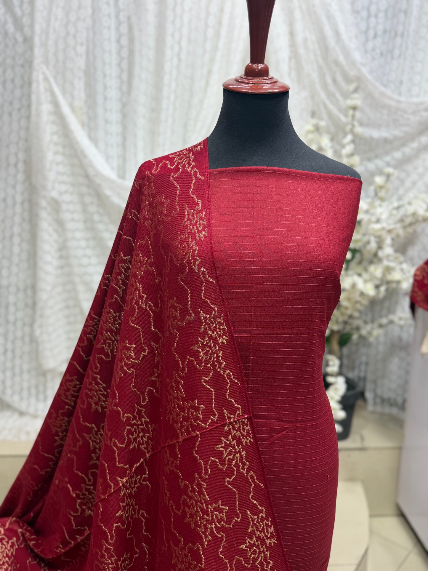 Marina 3 Piece Allover Suit With Jackard Banarsi Wool Shawl | Maroon