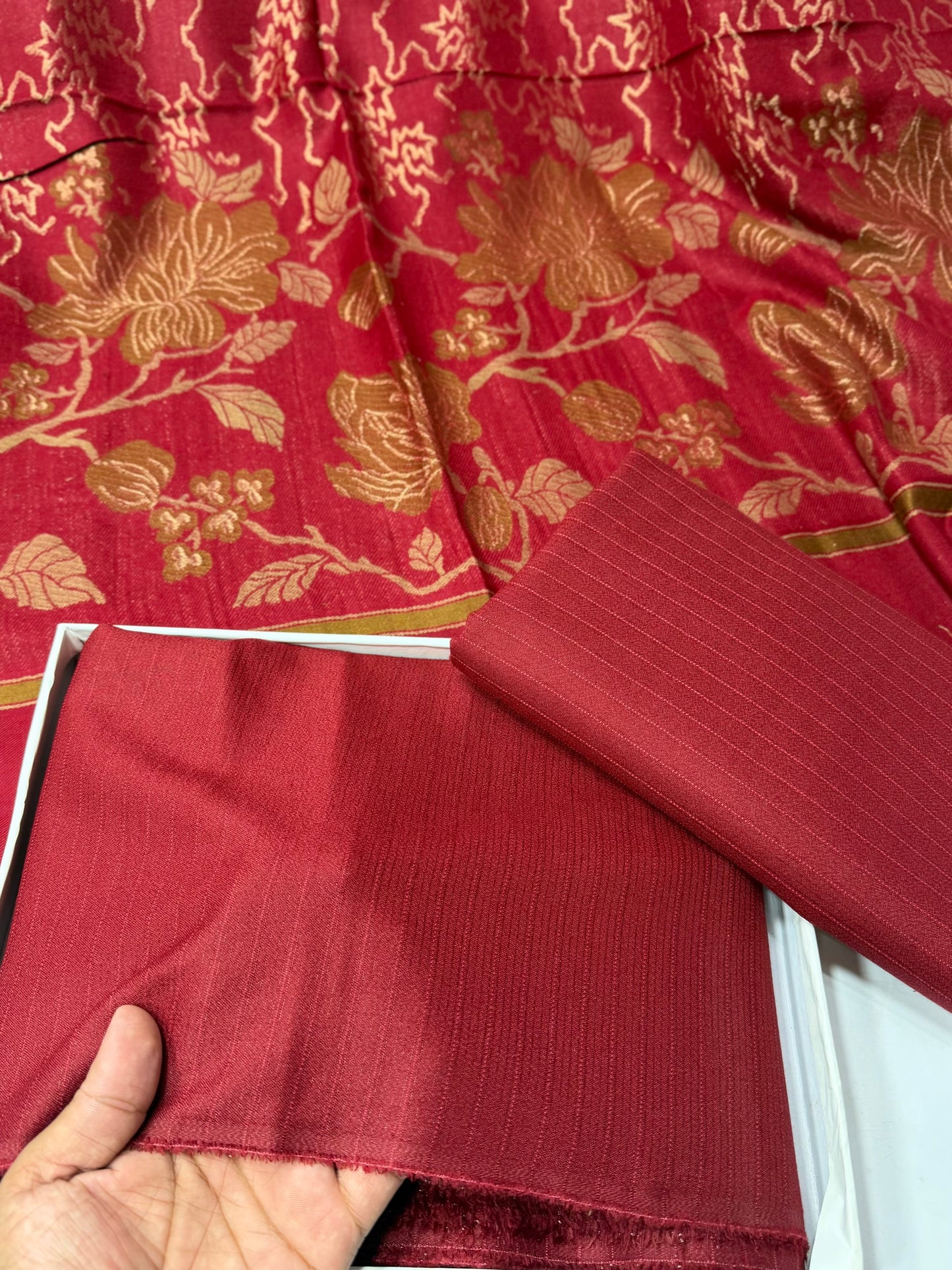 Marina 3 Piece Allover Suit With Jackard Banarsi Wool Shawl | Maroon