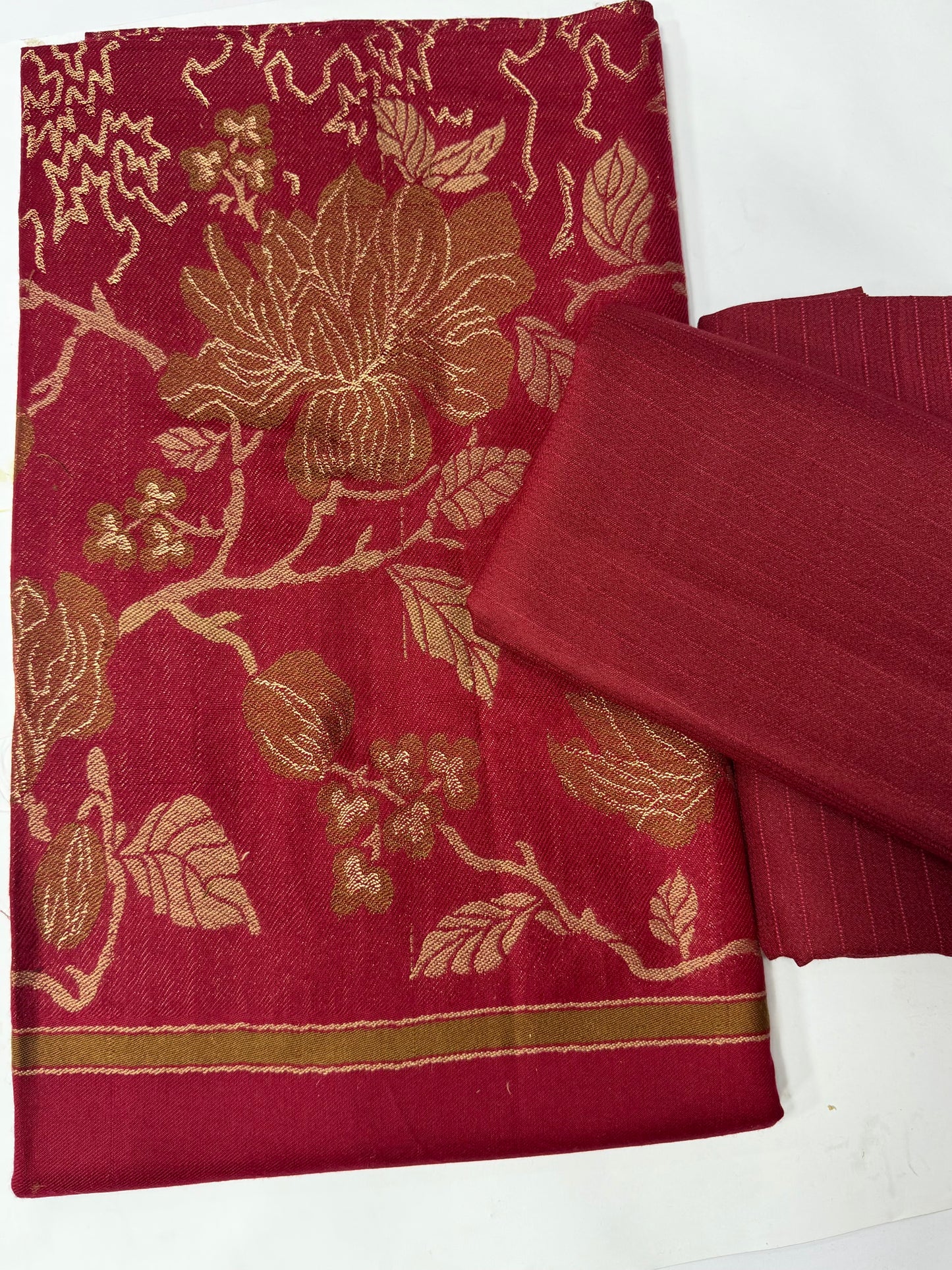 Marina 3 Piece Allover Suit With Jackard Banarsi Wool Shawl | Maroon