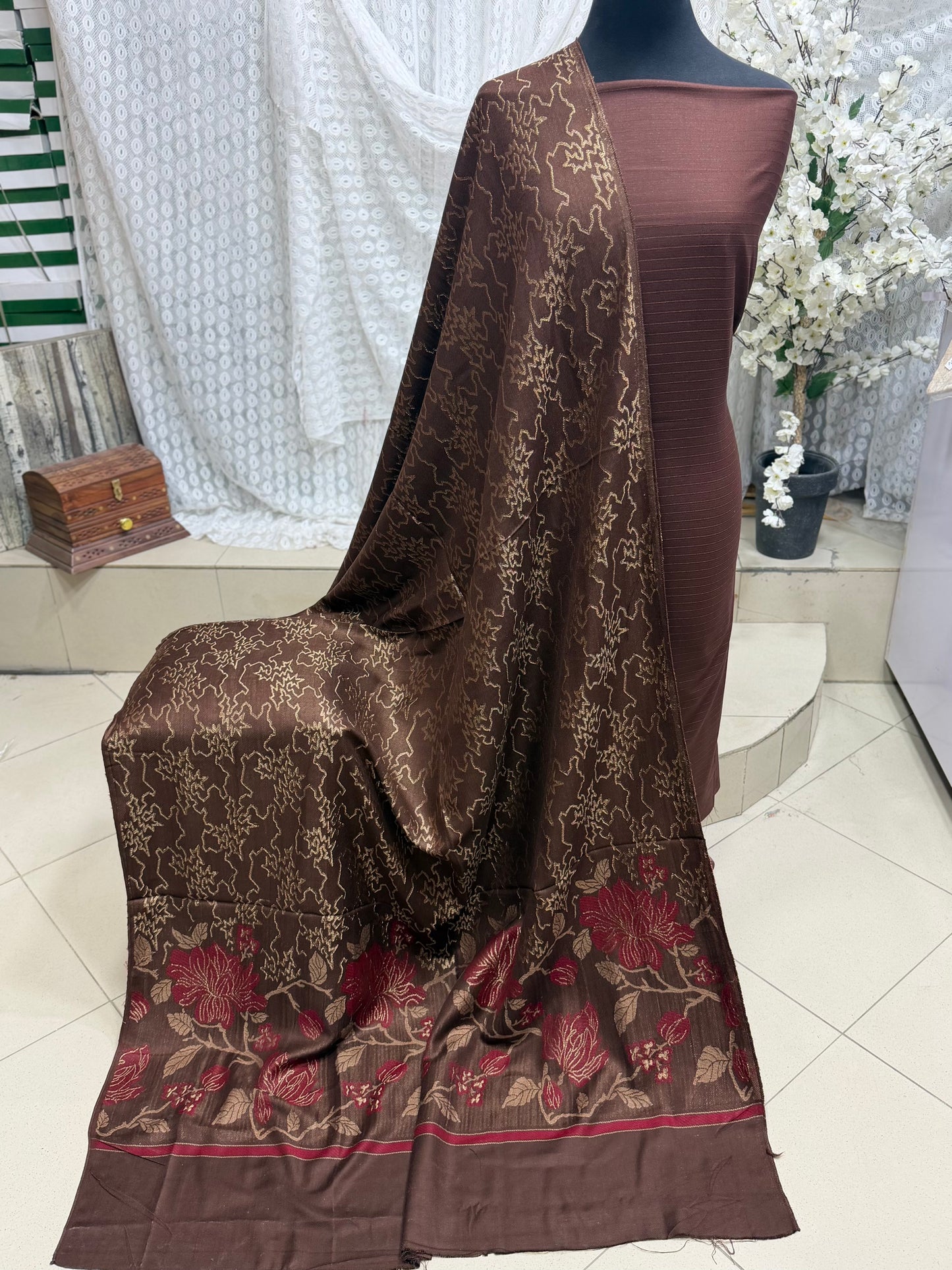 Marina 3 Piece Allover Suit With Jackard Banarsi Wool Shawl | Brown