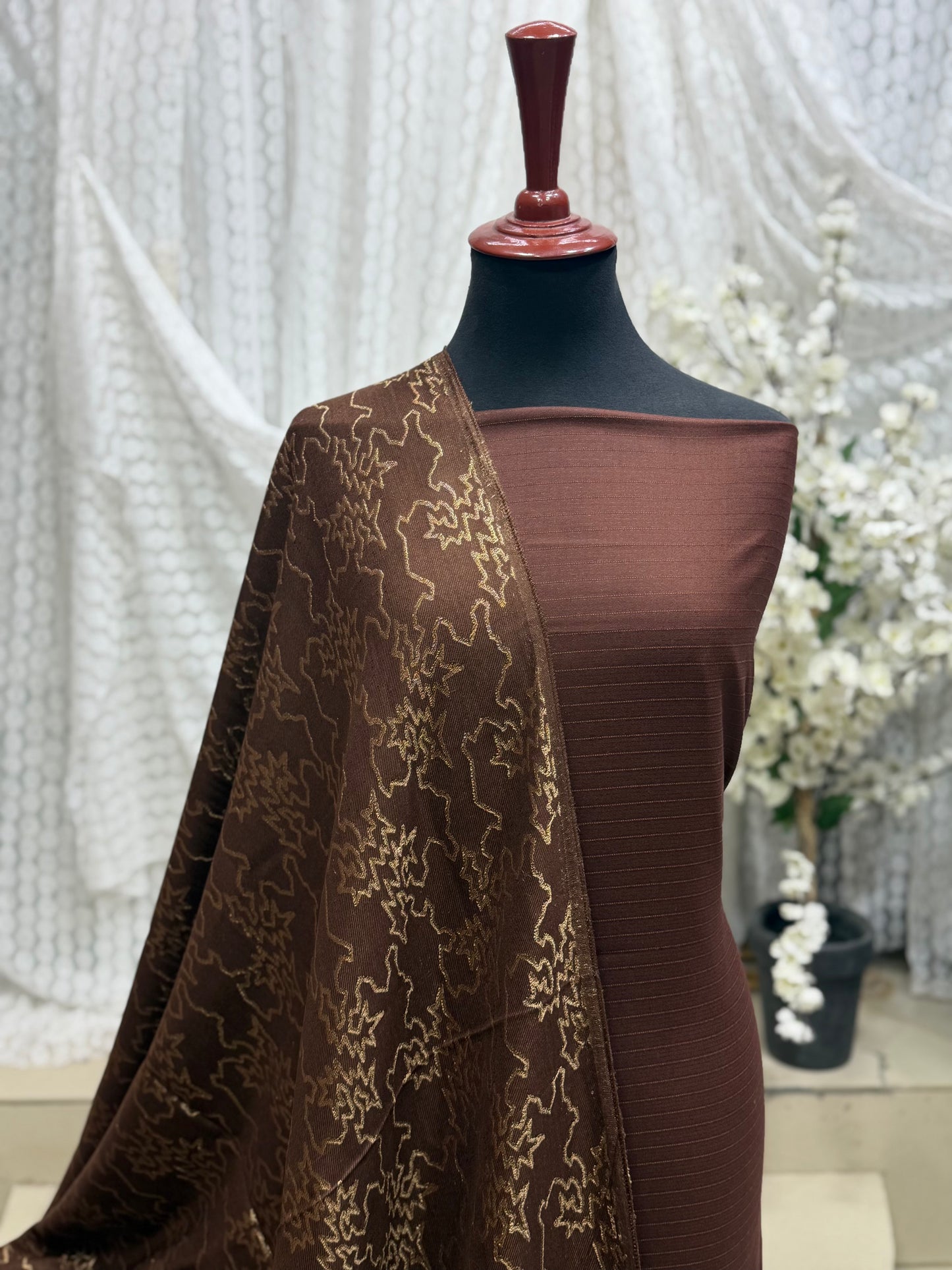 Marina 3 Piece Allover Suit With Jackard Banarsi Wool Shawl | Brown