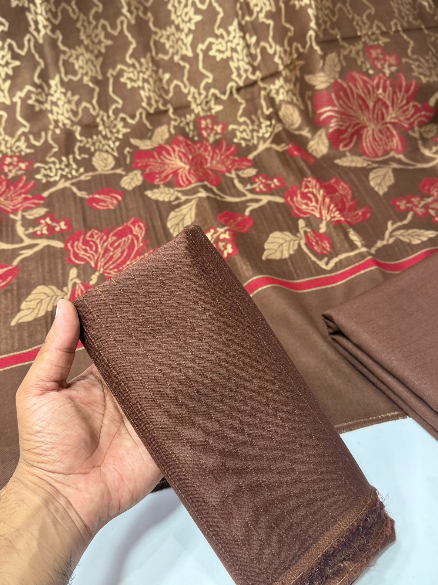 Marina 3 Piece Allover Suit With Jackard Banarsi Wool Shawl | Brown