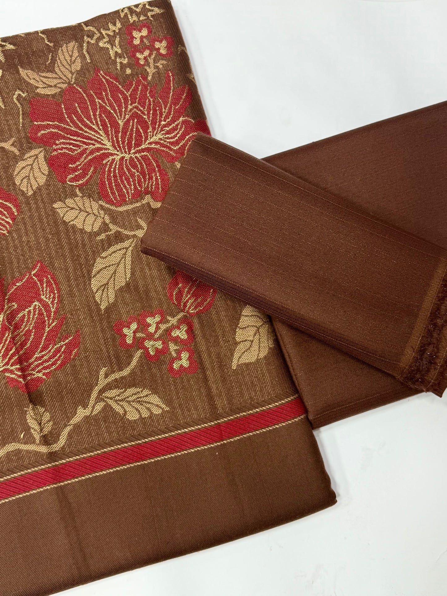 Marina 3 Piece Allover Suit With Jackard Banarsi Wool Shawl | Brown