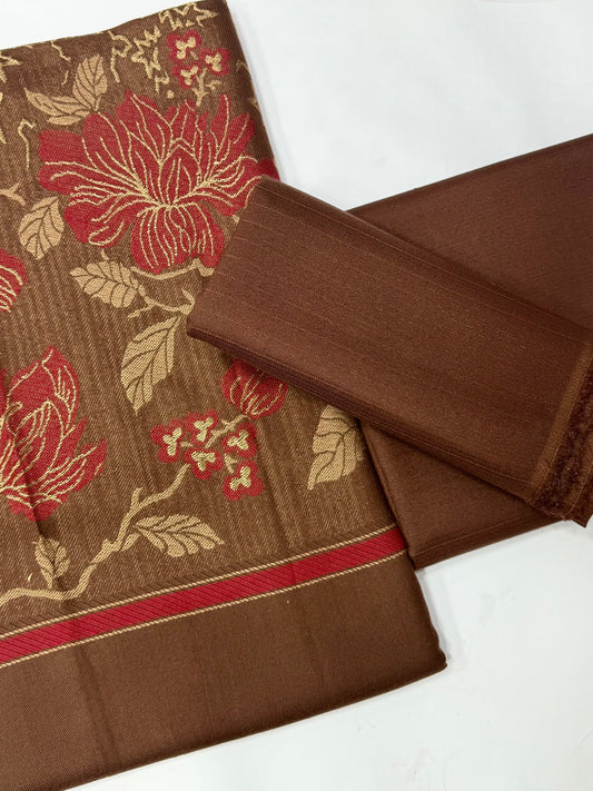 Marina 3 Piece Allover Suit With Jackard Banarsi Wool Shawl | Brown