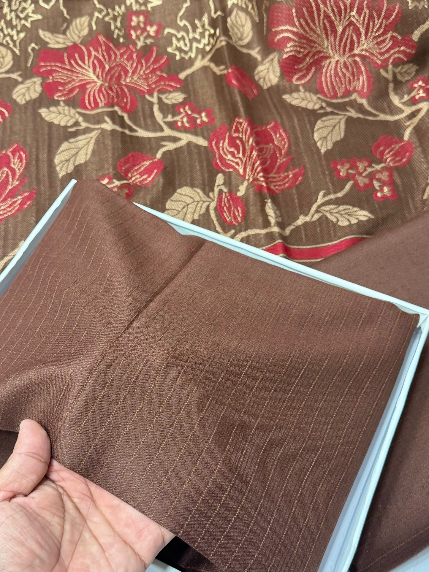Marina 3 Piece Allover Suit With Jackard Banarsi Wool Shawl | Brown