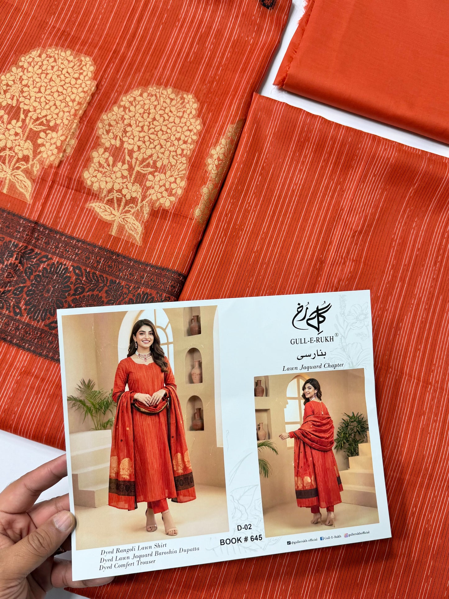 3 Piece Rangoli Lawn Suit With Lawn Kani Dupatta | Rust