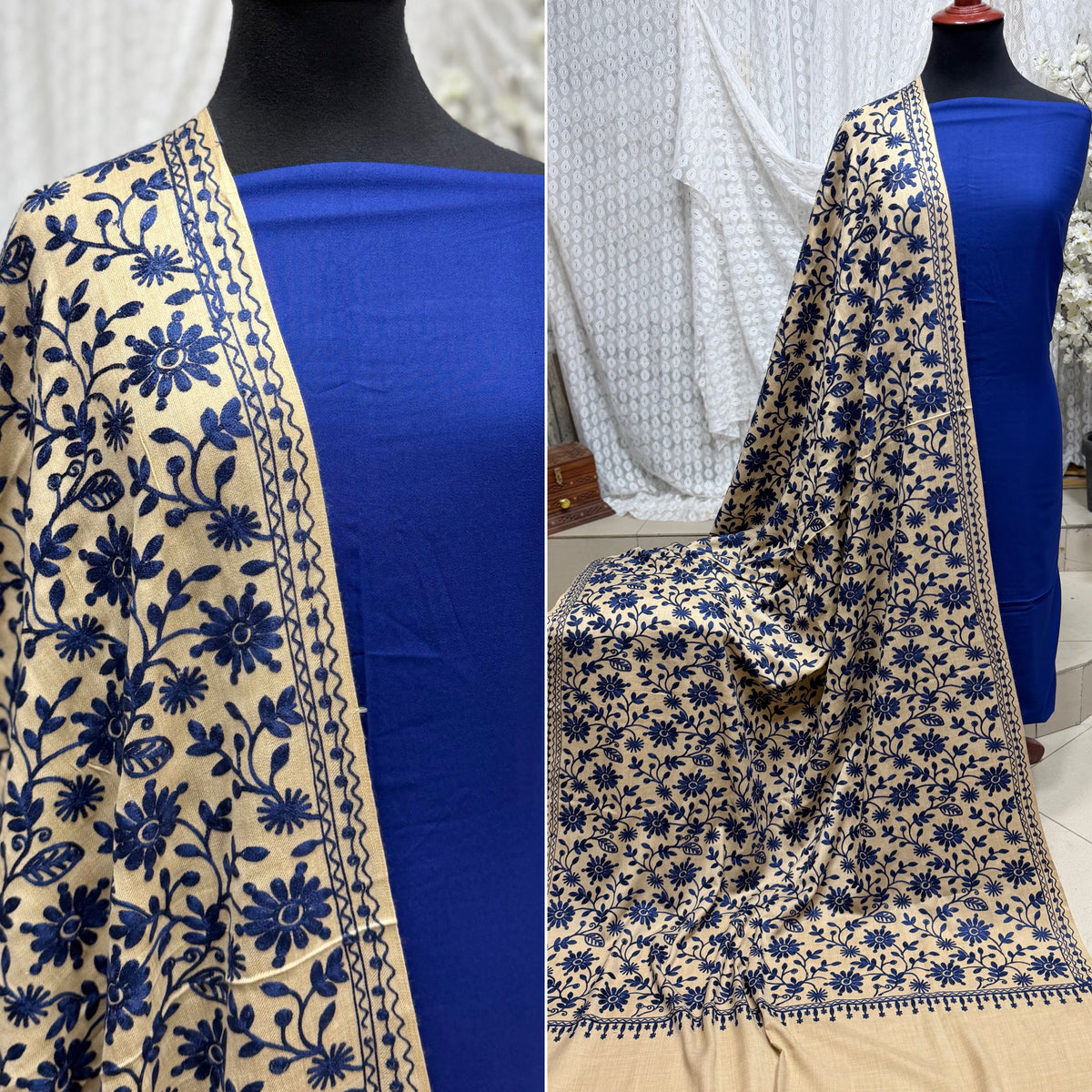 Pashmina 3 Piece Suit | Embroidered Shawl with Plain Suit Marina | Skin With Blue