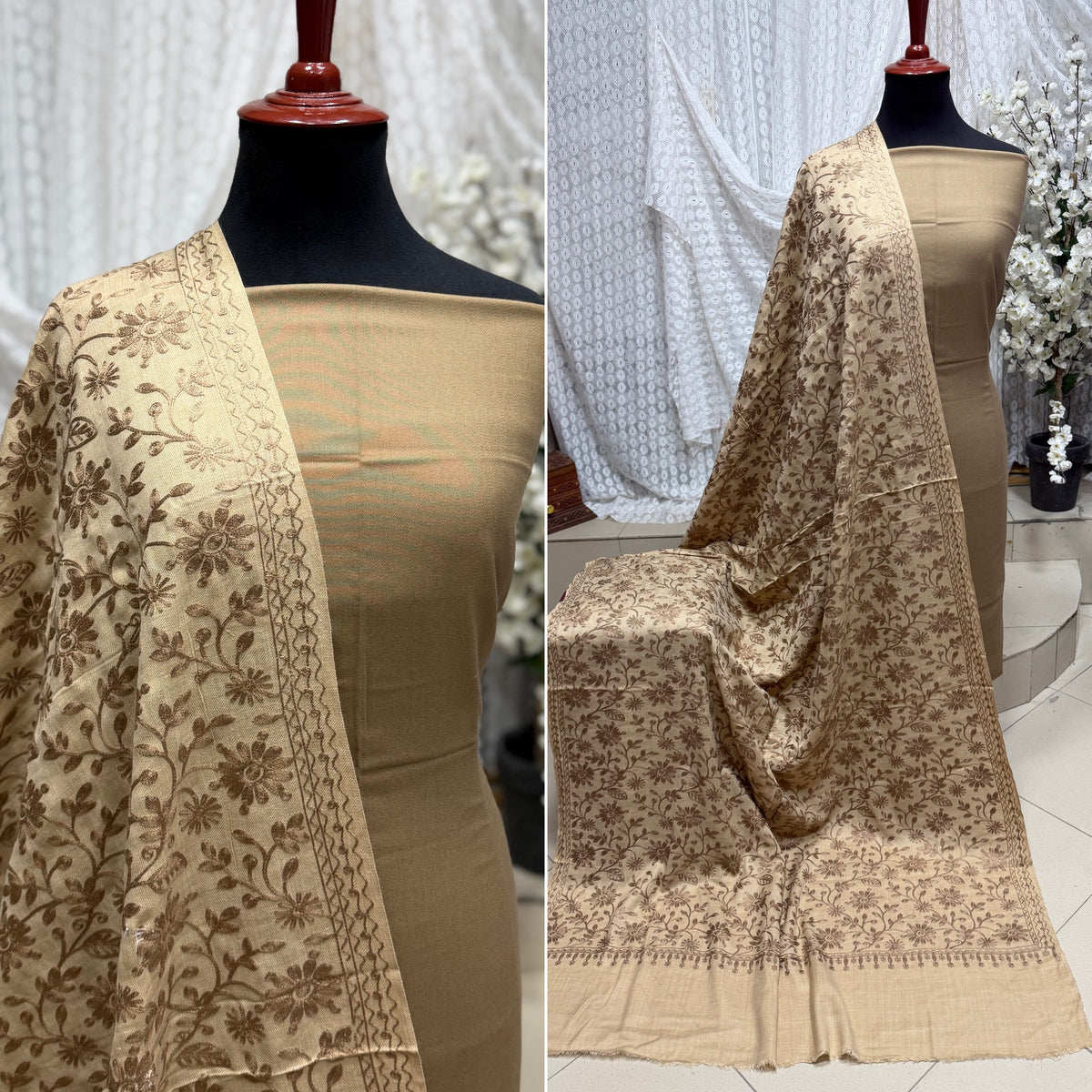Pashmina 3 Piece Suit | Embroidered Shawl with Plain Suit Marina | Skin With Skin