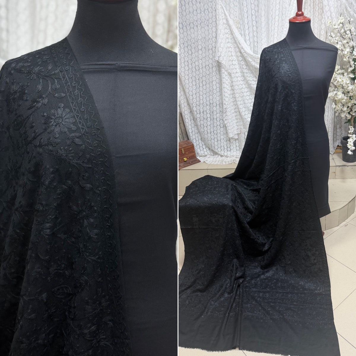 Pashmina 3 Piece Suit | Embroidered Shawl with Plain Suit Marina | Black With Black