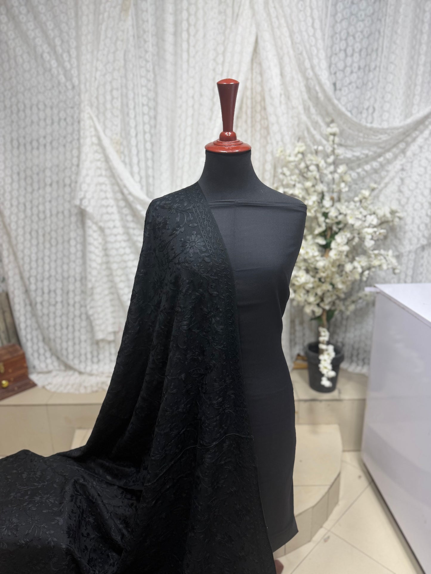 Pashmina 3 Piece Suit | Embroidered Shawl with Plain Suit Marina | Black With Black