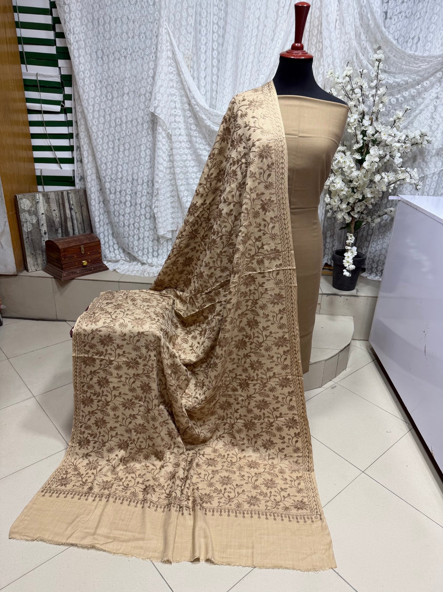 Pashmina 3 Piece Suit | Embroidered Shawl with Plain Suit Marina | Skin With Skin