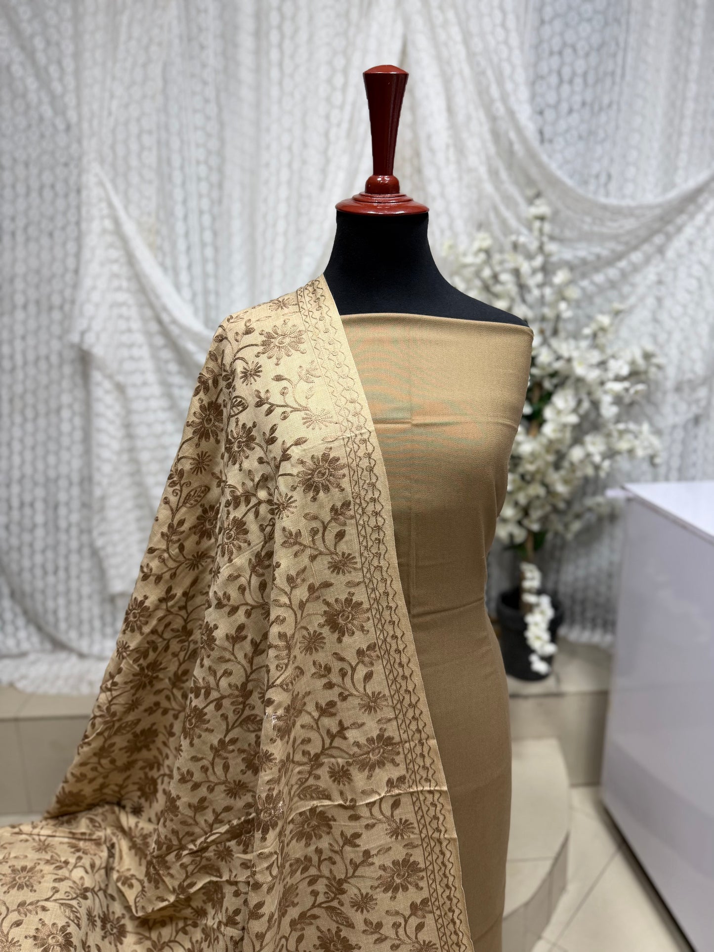 Pashmina 3 Piece Suit | Embroidered Shawl with Plain Suit Marina | Skin With Skin