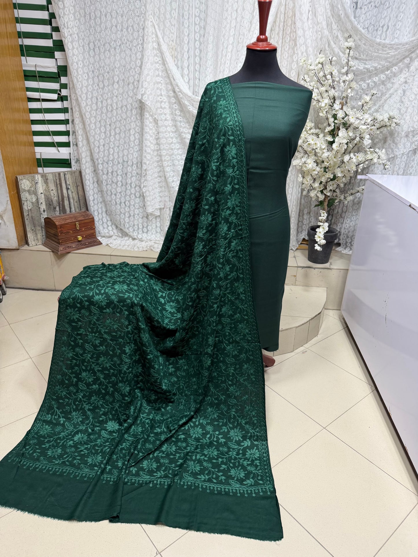 Pashmina 3 Piece Suit | Embroidered Shawl with Plain Suit Marina | Green With Green