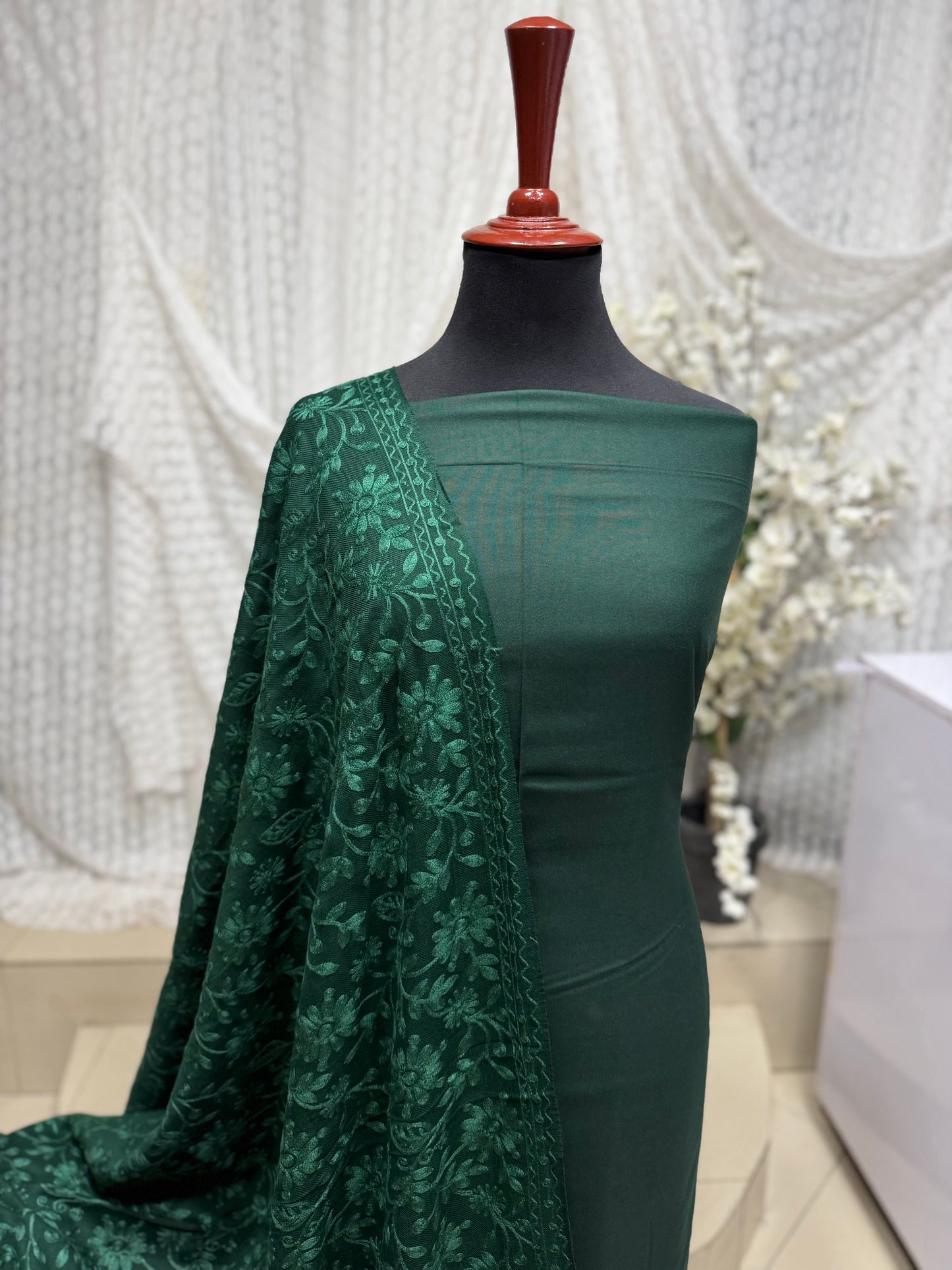 Pashmina 3 Piece Suit | Embroidered Shawl with Plain Suit Marina | Green With Green