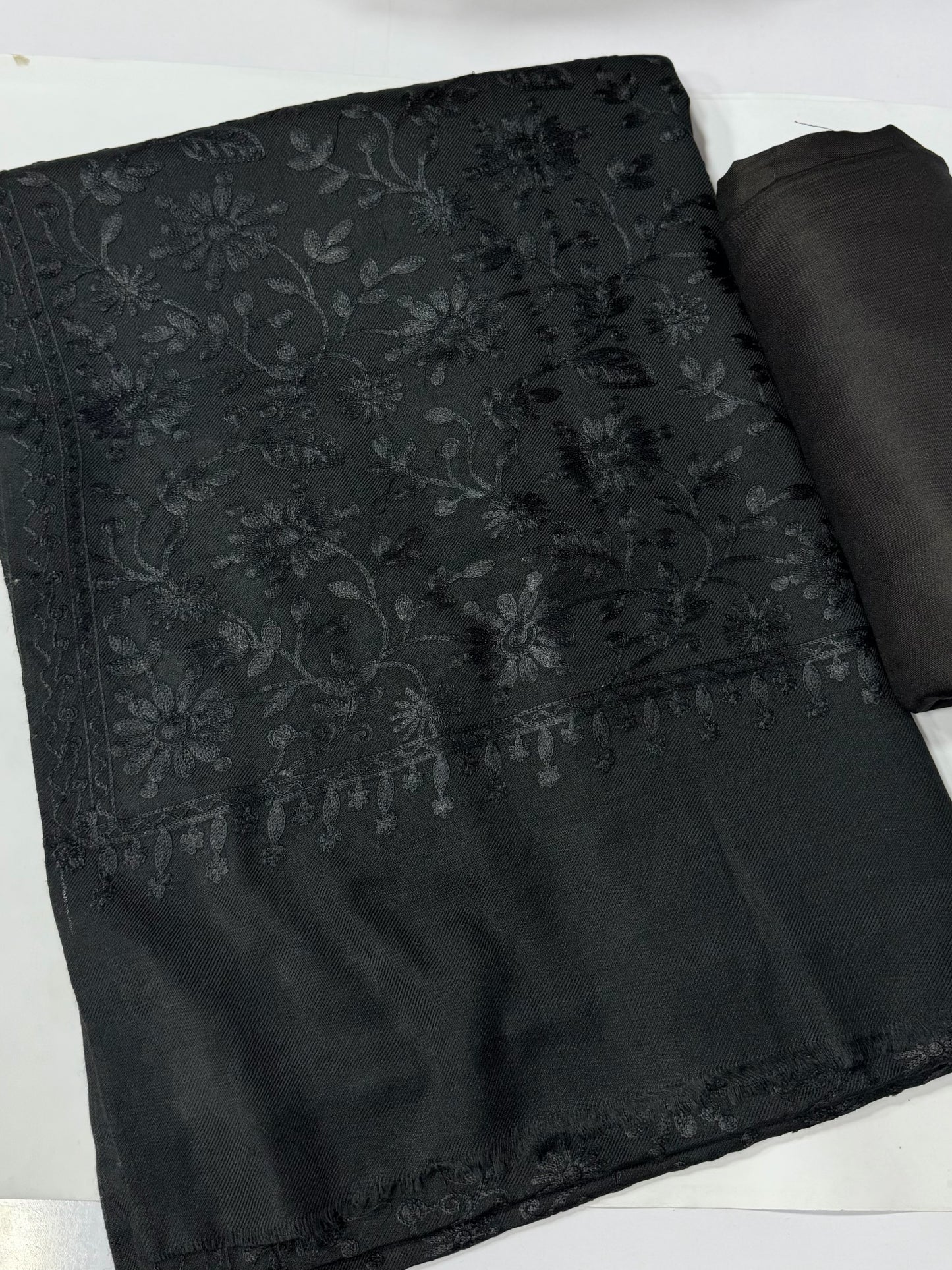 Pashmina 3 Piece Suit | Embroidered Shawl with Plain Suit Marina | Black With Black