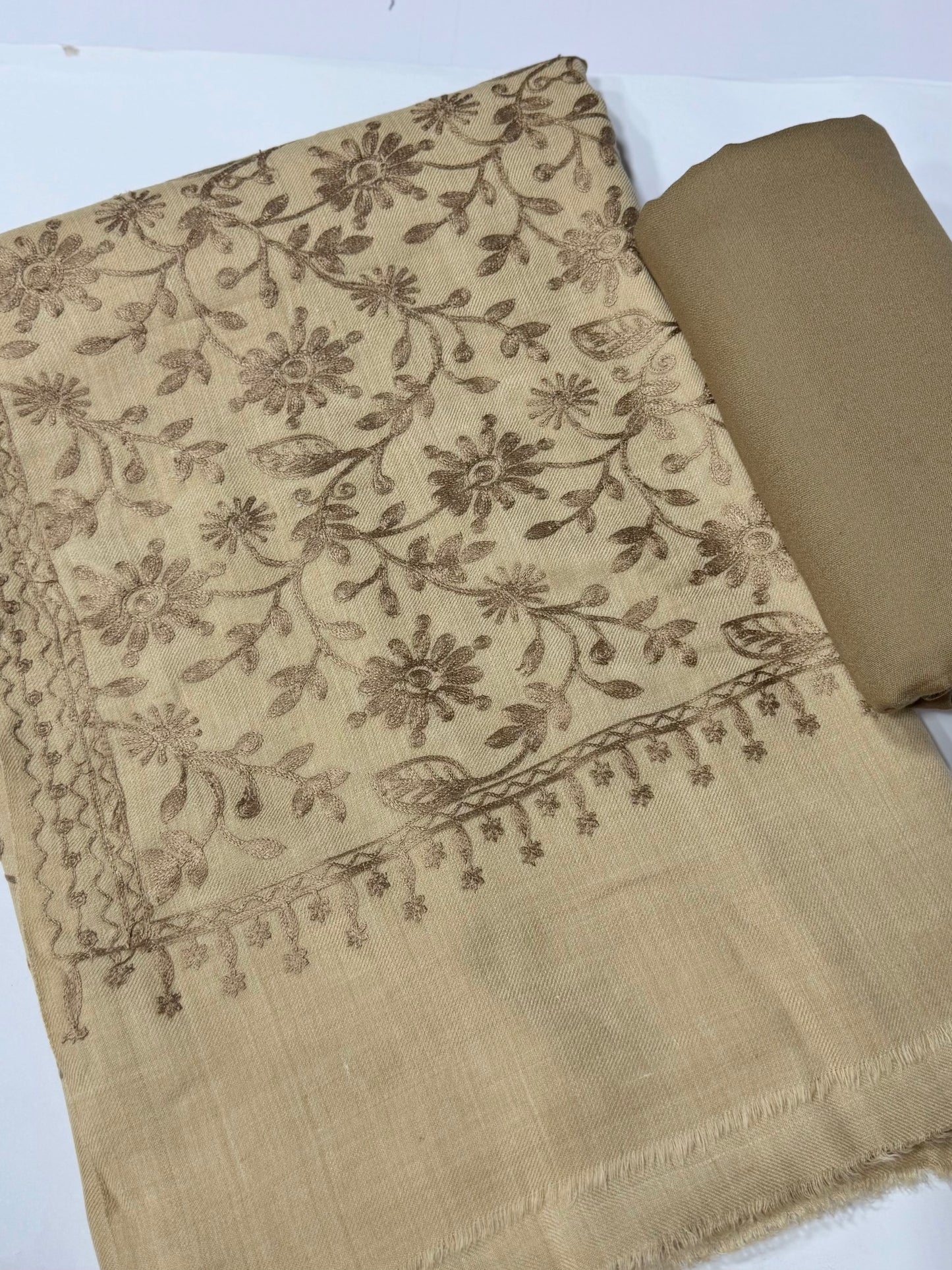 Pashmina 3 Piece Suit | Embroidered Shawl with Plain Suit Marina | Skin With Skin