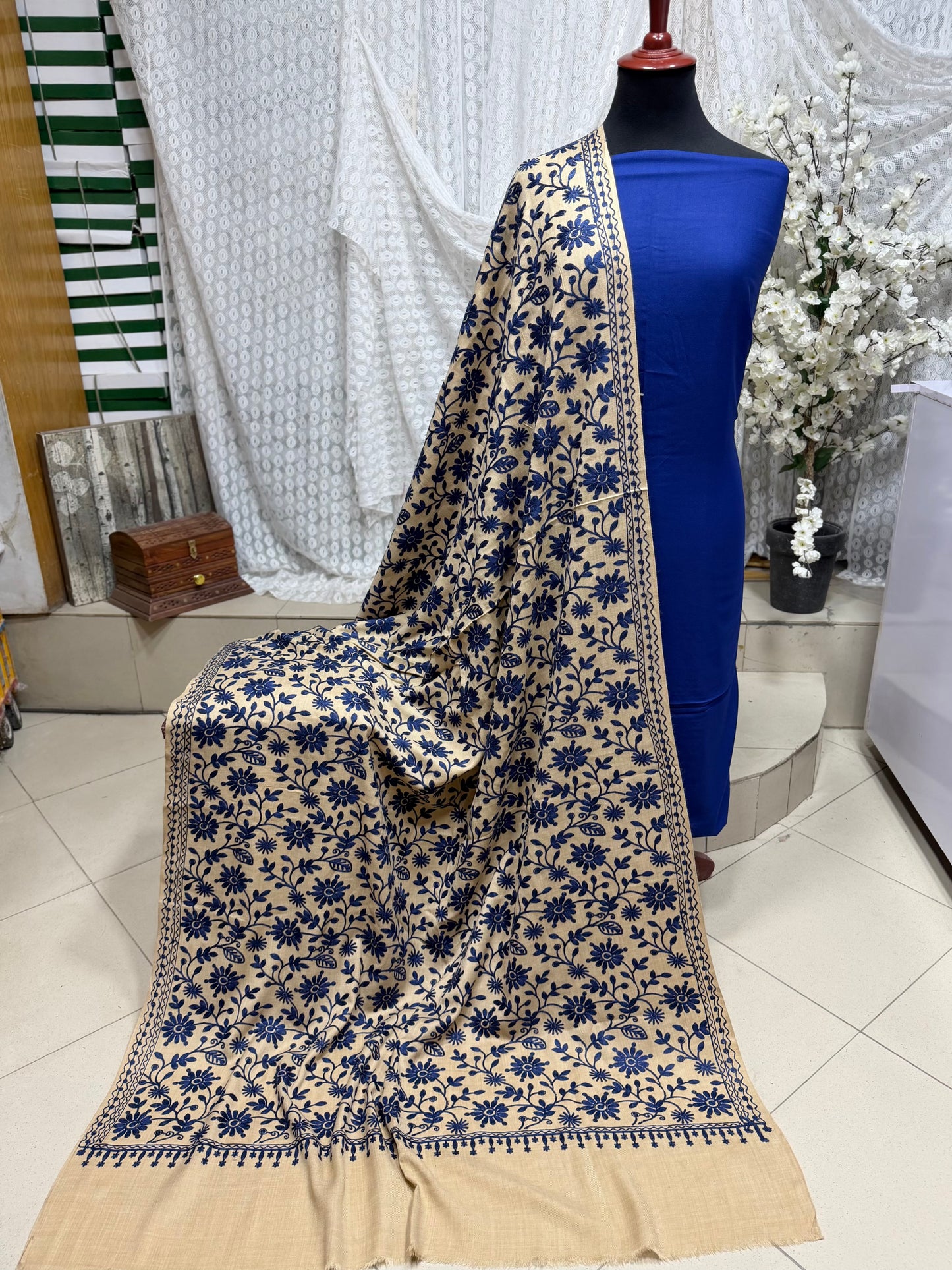 Pashmina 3 Piece Suit | Embroidered Shawl with Plain Suit Marina | Skin With Blue