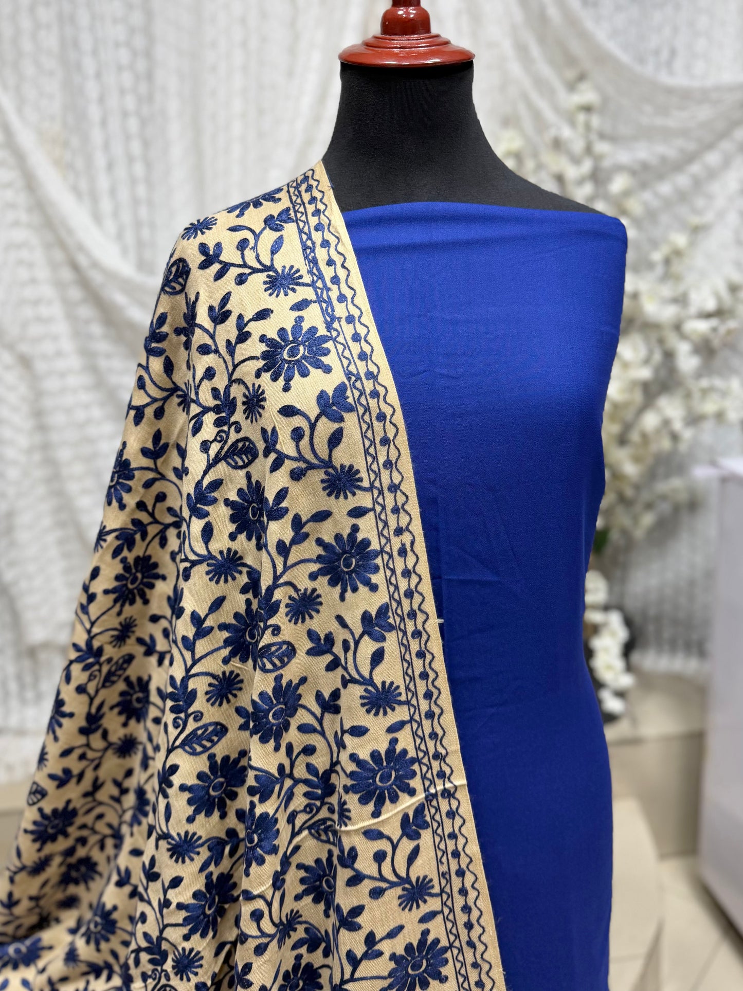 Pashmina 3 Piece Suit | Embroidered Shawl with Plain Suit Marina | Skin With Blue