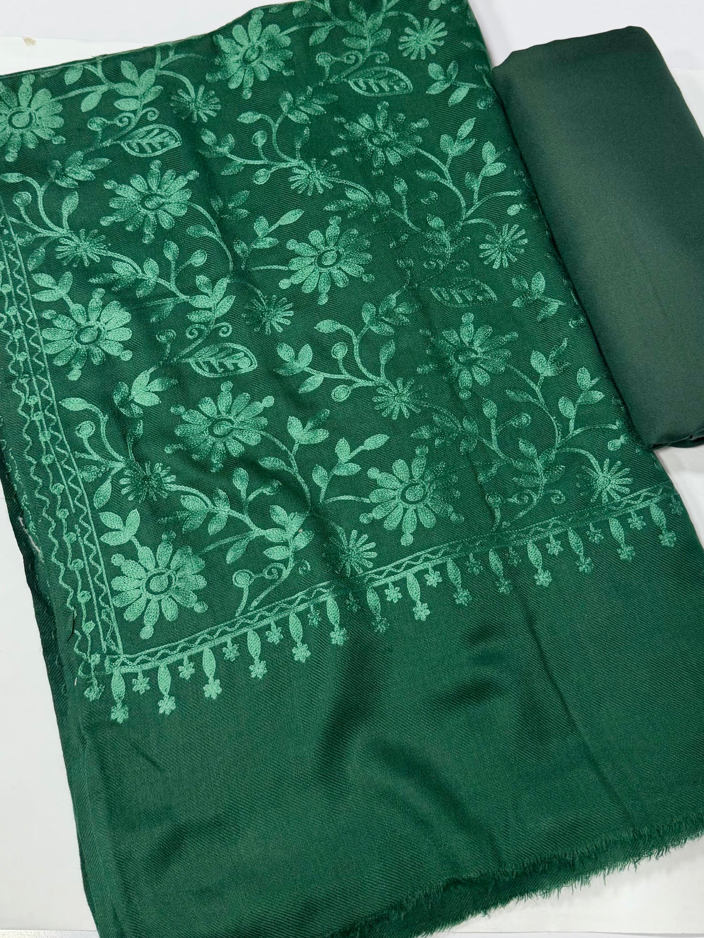 Pashmina 3 Piece Suit | Embroidered Shawl with Plain Suit Marina | Green With Green