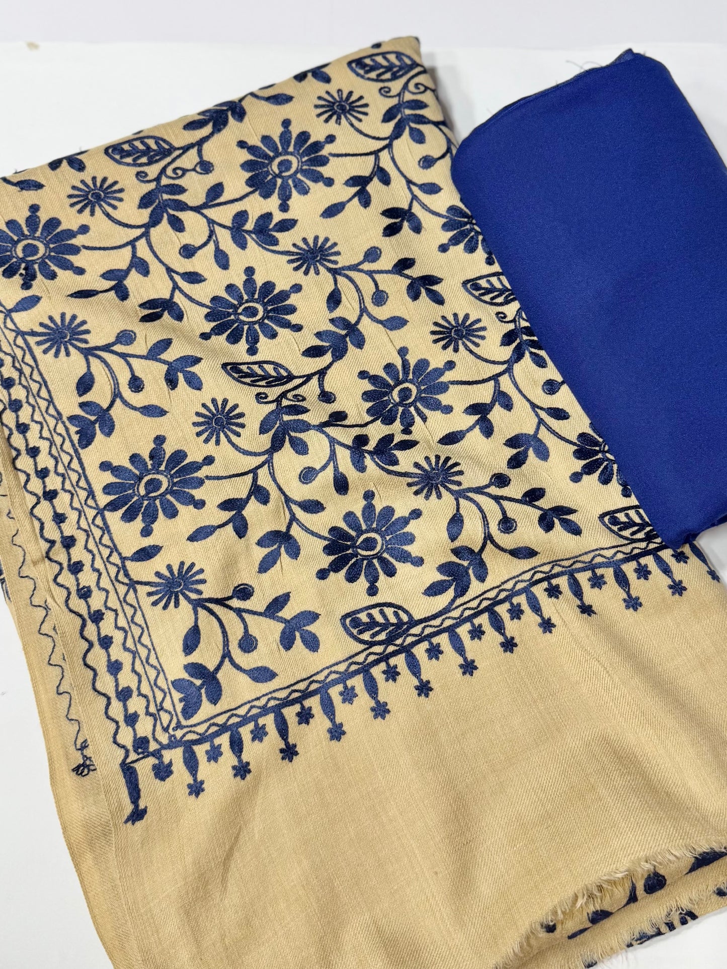 Pashmina 3 Piece Suit | Embroidered Shawl with Plain Suit Marina | Skin With Blue