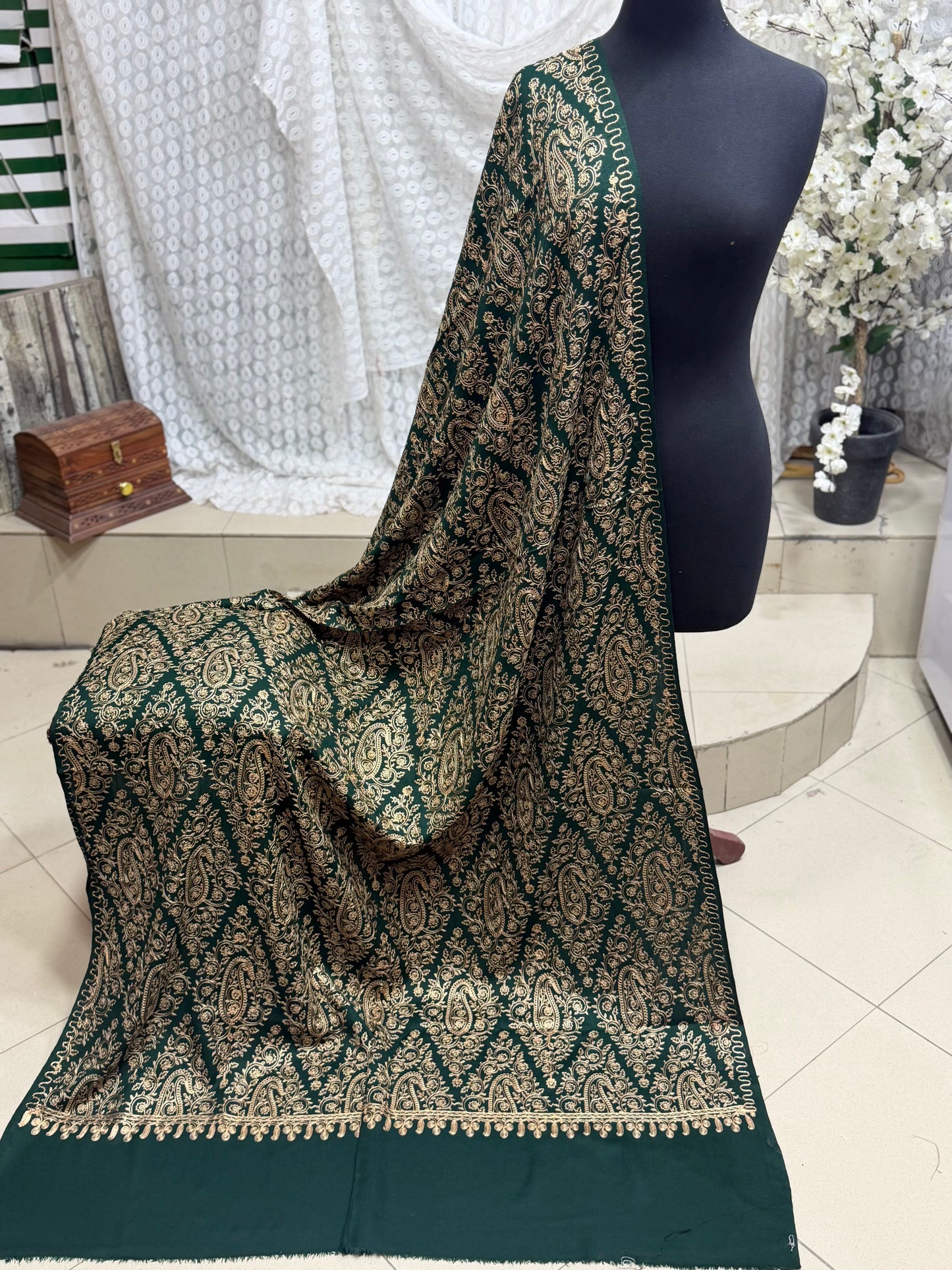 Pashmina Shawl Full Embroidered Skin Color Embroidery | Green