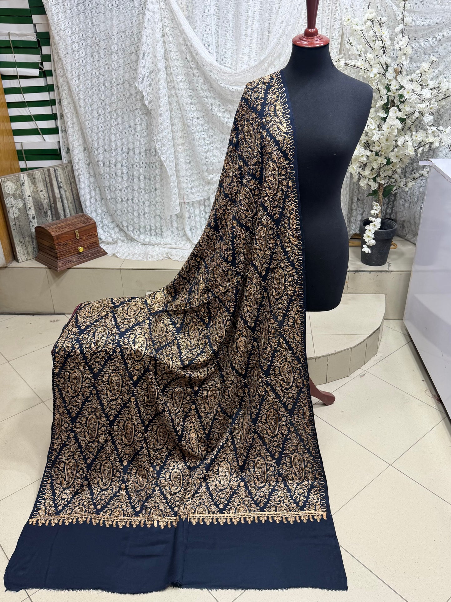 Pashmina Shawl Full Embroidered Skin Color Embroidery | Blue
