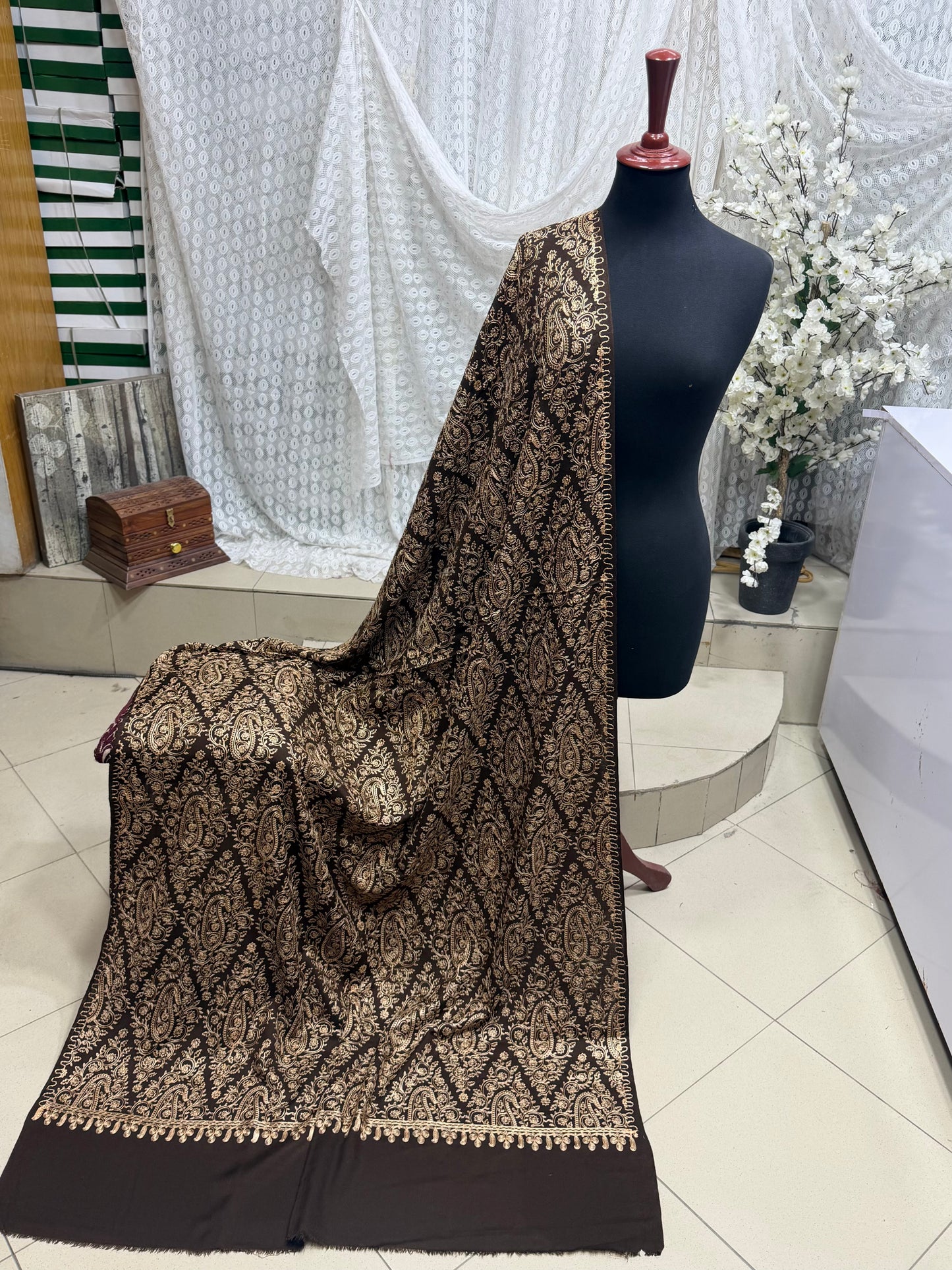 Pashmina Shawl Full Embroidered Skin Color Embroidery | Brown