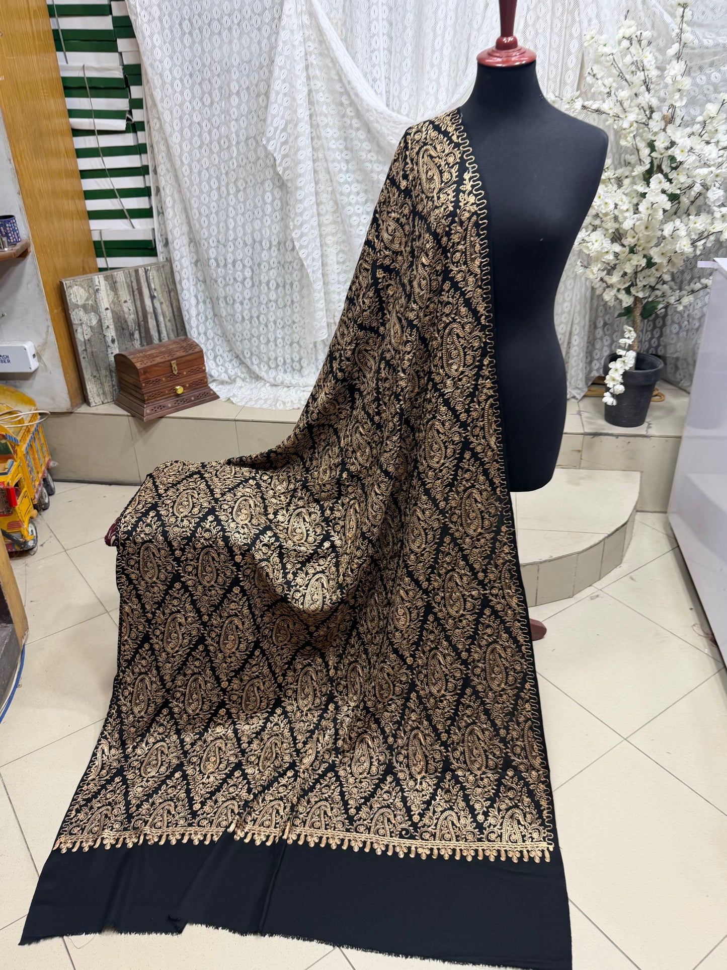 Pashmina Shawl Full Embroidered Skin Color Embroidery | Black