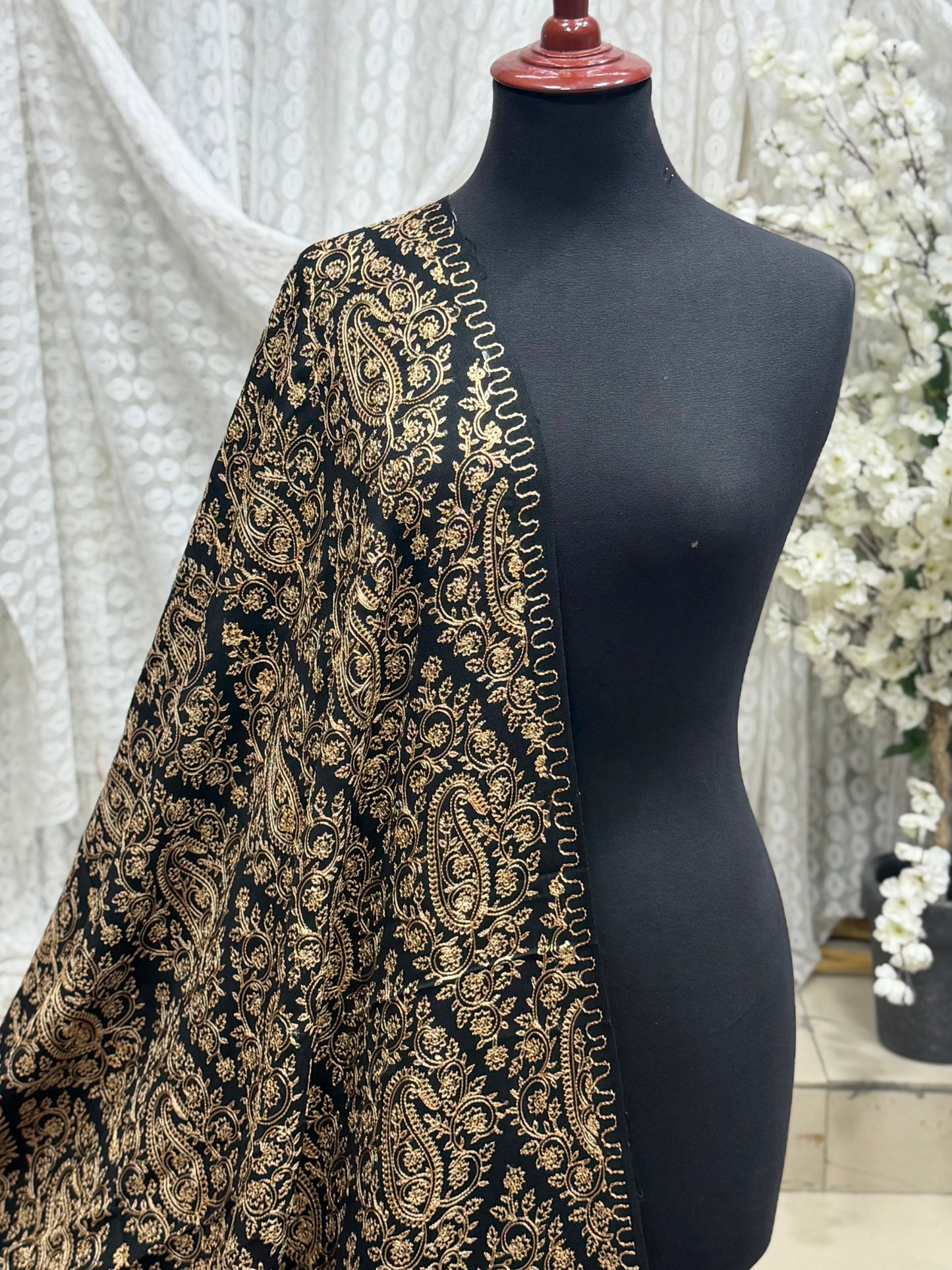 Pashmina Shawl Full Embroidered Skin Color Embroidery | Black