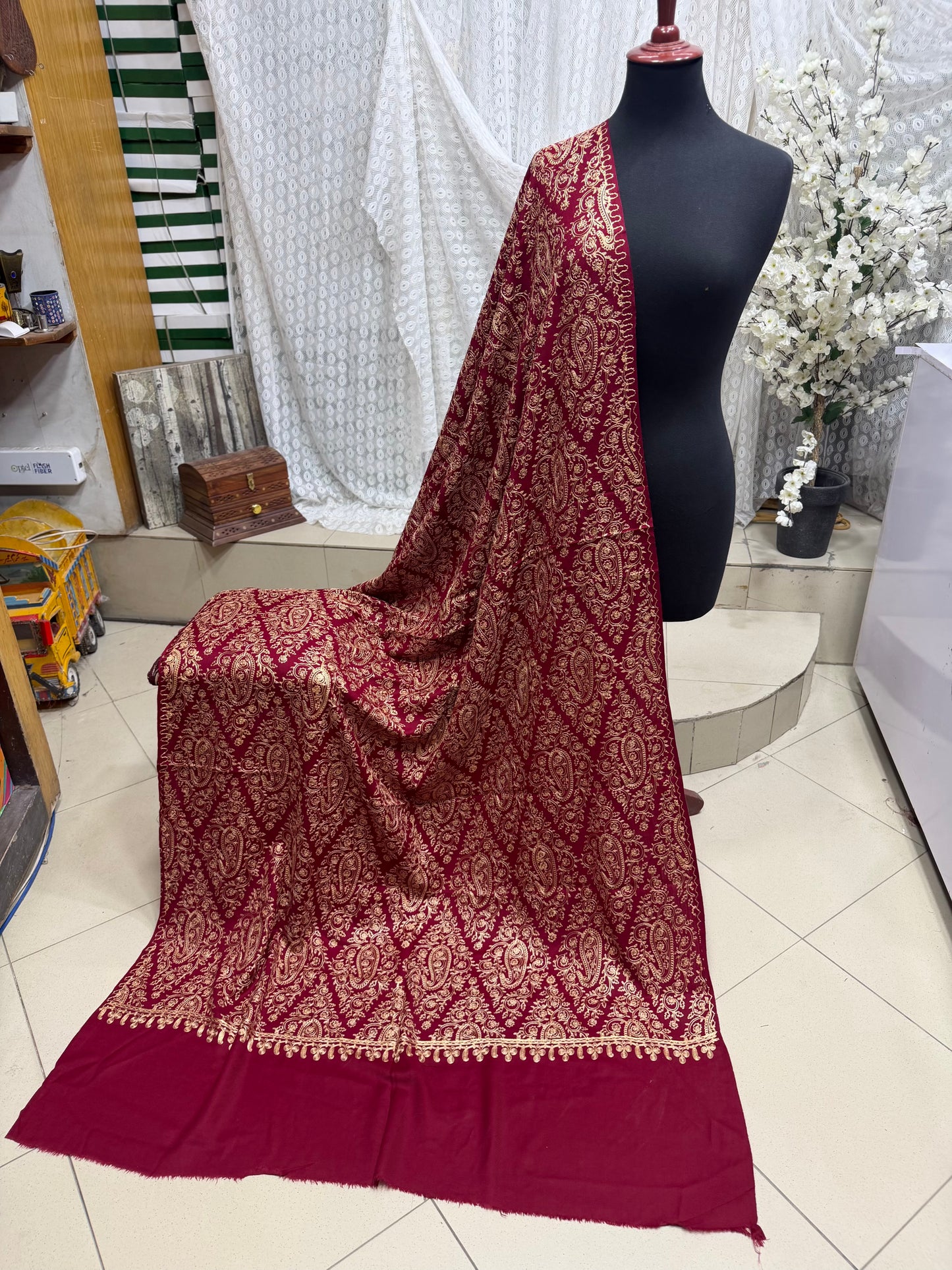 Pashmina Shawl Full Embroidered Skin Color Embroidery | Maroon