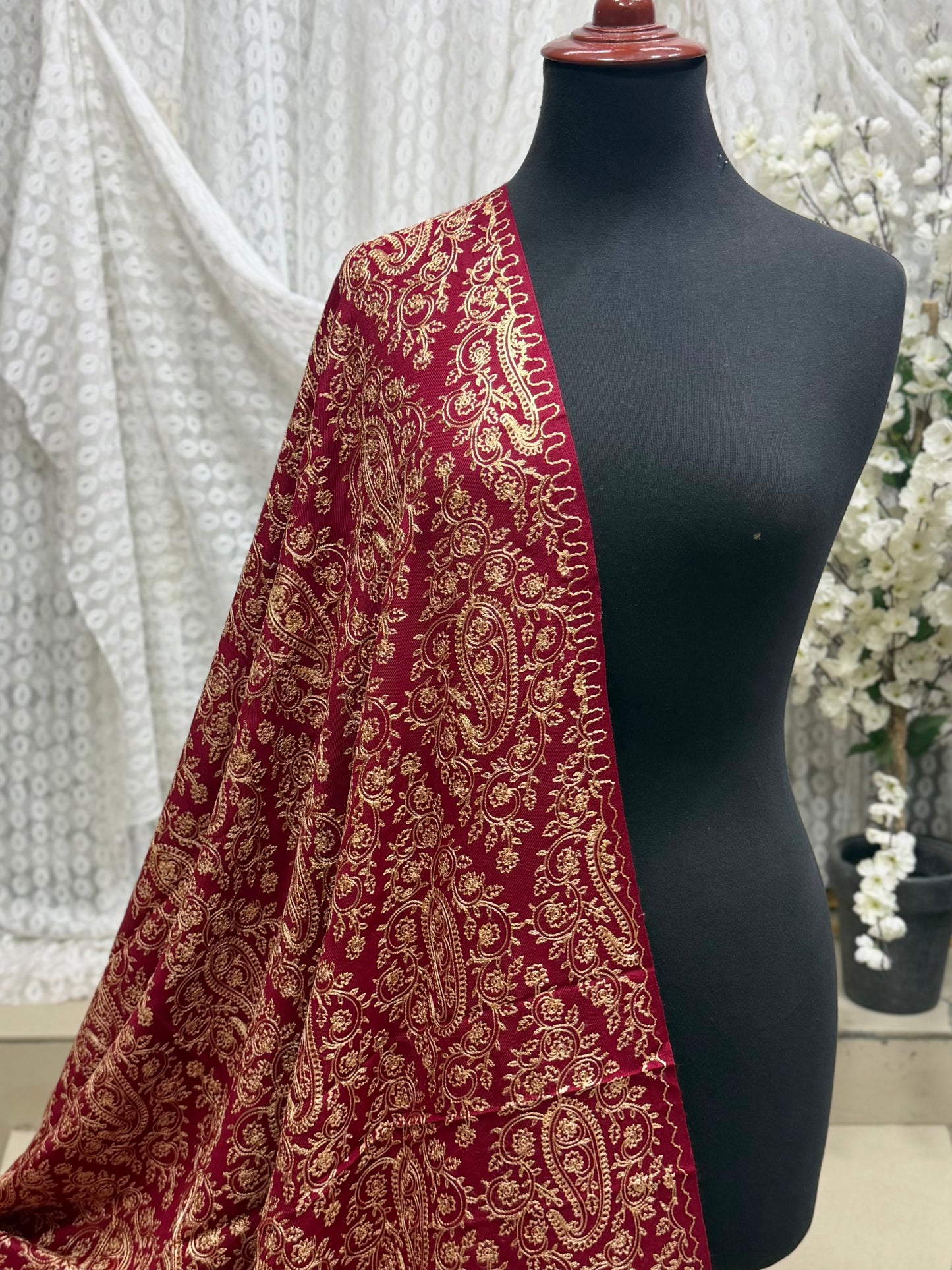 Pashmina Shawl Full Embroidered Skin Color Embroidery | Maroon
